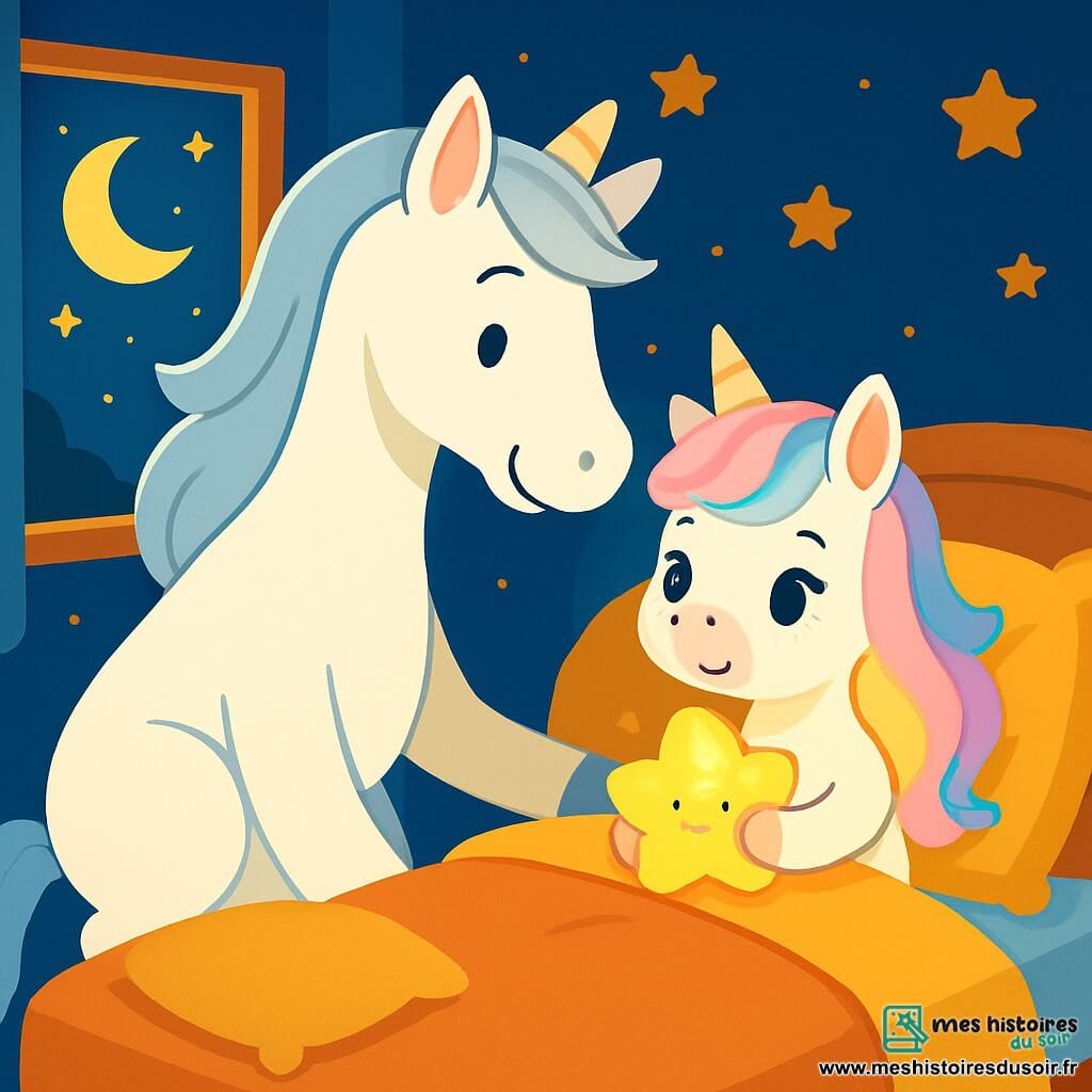 Luna, une licorne douce avec une crinière pastel, est dans son lit douillet, tenant son doudou étoile qui brille. Sa maman, une grande licorne blanche avec une crinière argentée, la regarde tendrement depuis le bord du lit. La chambre, aux murs bleu nuit et étoilée, est chaleureuse avec des coussins moelleux. Luna, nerveuse mais déterminée, écoute sa maman raconter une histoire magique sur la nuit, tandis que des ombres dansent autour d'eux, créant une atmosphère réconfortante.