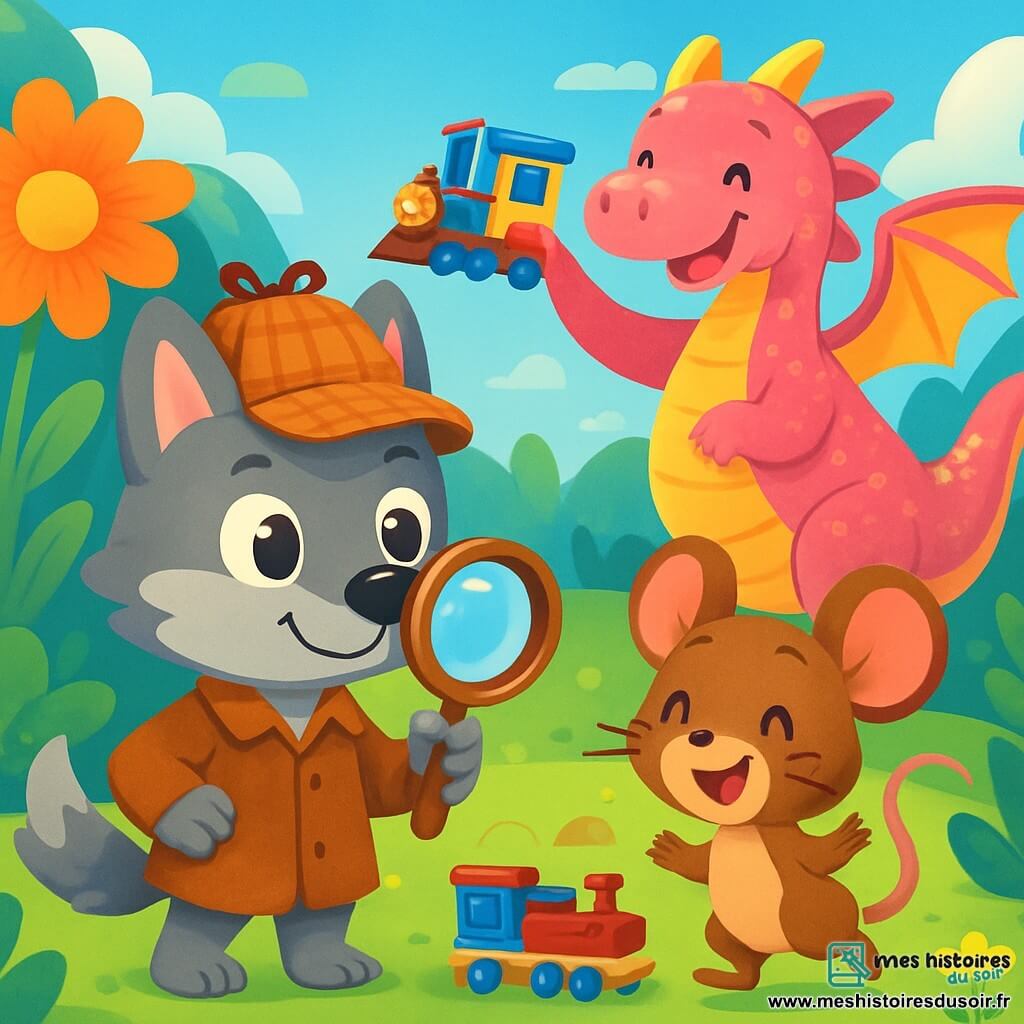 Un petit loup détective nommé Loulou, avec un pelage gris et des yeux curieux, se tient au centre de la scène, portant une loupe en bois et un chapeau de détective, affichant une expression déterminée et joyeuse. À ses côtés, une petite souris aux grandes oreilles et à la fourrure brune, avec des yeux brillants, regarde son petit train avec un sourire, sautillant d'excitation. En arrière-plan, un dragon rose aux écailles scintillantes joue avec des jouets dans un jardin féerique, entouré de fleurs géantes. Le jardin est magique, rempli de plantes luxuriantes et d'arbres dansants, sous un ciel bleu éclatant. Loulou et la souris s'amusent ensemble, tandis que le dragon fait voler le petit train, créant une atmosphère joyeuse.