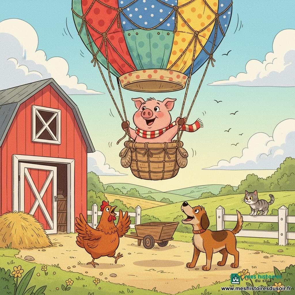 Un cochon rose potelé (c'est un cochon) au museau rond et aux yeux brillants, souriant et portant une écharpe rayée rouge et blanche, se tient dans une nacelle en osier, tenant une corde, l'air joyeux alors que la grande montgolfière multicolore en patchwork (rouge, bleu, jaune, vert) commence à s'élever ; une poule rousse ronde aux plumes duveteuses bat des ailes près d'une brouette, un chien de ferme marron au poil court aboie de bonheur la queue en l'air à côté des poules, et un petit chat gris tigré, curieux, est perché sur la barrière en bois, les yeux écarquillés ; décor : cour de ferme lumineuse avec grenier rouge à grande porte ouverte, herbe verte parsemée de fleurs jaunes, tas de paille, clôture blanche, champs et collines en arrière-plan sous un ciel bleu clair à nuages cotonneux, ombres douces et lumière chaude du matin, atmosphère joyeuse et d'aventure.