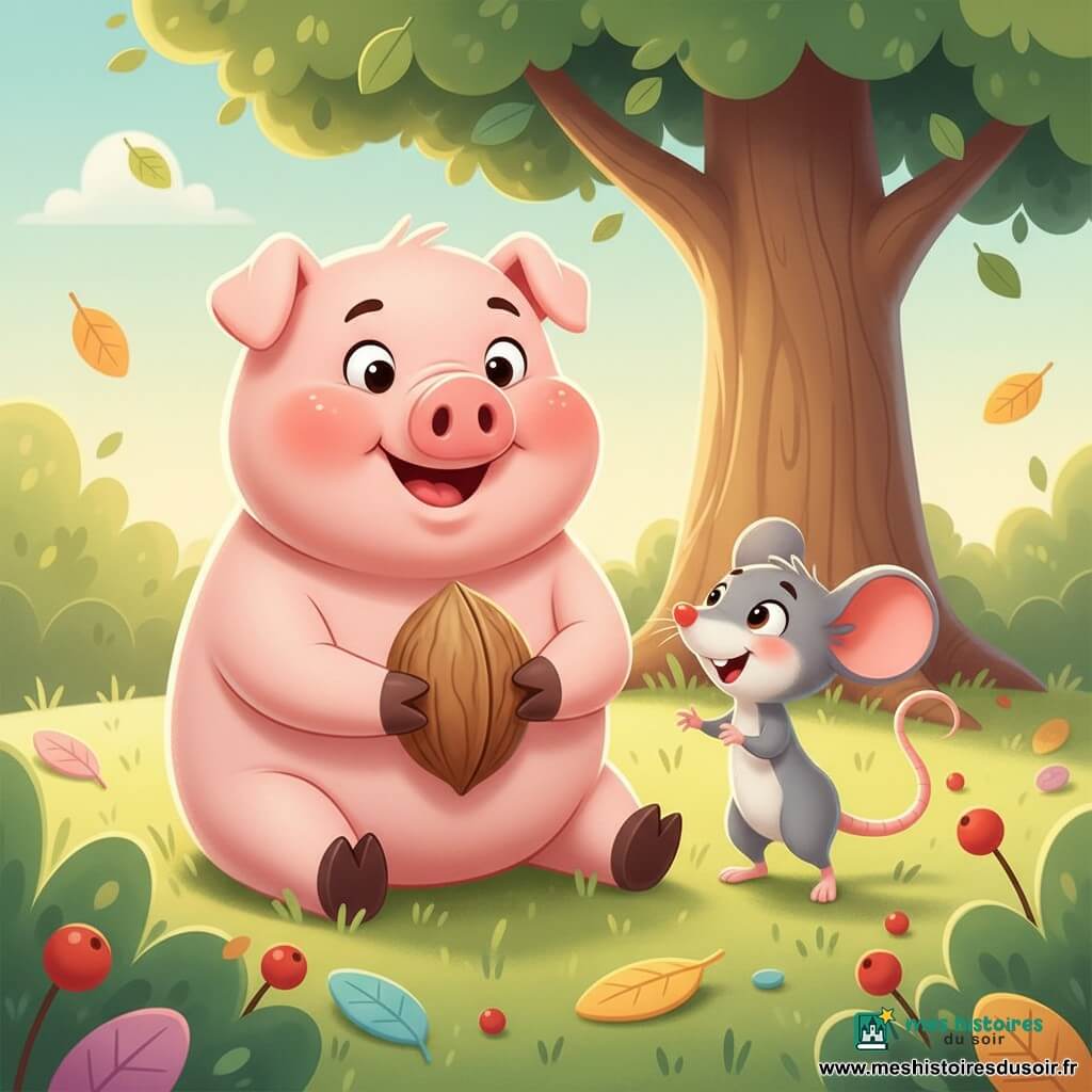 Un cochon rose rond et dodu aux joues rebondies et petits yeux noirs souriant, assis dans l'herbe tenant une noix entre ses sabots, à côté d'une petite souris grise aux grandes oreilles roses sur ses pattes arrière regardant la noix avec excitation, sous un grand arbre aux feuilles vertes stylisées parmi touffes d'herbe et quelques baies rouges, lumière douce de fin de matinée, ambiance chaleureuse et amicale, composition centrée, couleurs pastel, contours nets et textures lisses, expression de partage et de complicité.