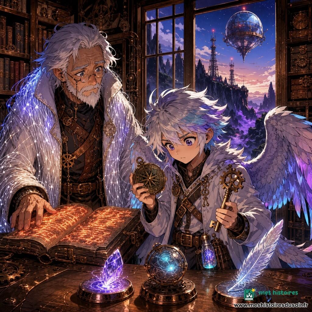 Noro, jeune être aux plumes opalescentes au regard inquiet et déterminé, ailes mi-ouvertes aux reflets bleu-violet, tient une boussole runique en métal martelé, une clé à engrenages en laiton et une fiole de poussière d’aurore à sa ceinture; Maître Sélian, vieil archiviste humain aux cheveux blancs et au manteau luminescent, pose la main sur un grand registre ancien dont les pages brillent et livrent des lettres rouge-incandescentes formant une phrase mystérieuse; autour, des étagères en cuivre et bois sombre abritent des livres fermés par des serrures de cuivre et des boîtiers à engrenages, tandis que la grande verrière révèle la falaise, des Tours-Relais aux pylônes métalliques et un satellite sphérique en verre dans un ciel crépusculaire, la vallée en contrebas noyée d’une brume violette entre rochers noirs — Noro se prépare au choix décisif entre trois objets lumineux, la pièce baignée d’un mélange de lumière chaude cuivrée et de lueurs bleu-violacé.
