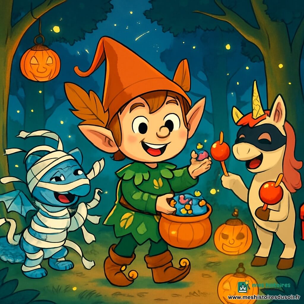 Niflut, un petit lutin à chapeau pointu et oreilles en feuille de chêne, sourit joyeusement en distribuant des bonbons multicolores à ses amis. À ses côtés, Friselus, un dragonneau électrique déguisé en momie, rit en tentant de maintenir ses bandages qui s'envolent. Plus loin, Bobine, une licorne avec une corne pailletée, jongle avec des pommes caramélisées. La scène se déroule dans la forêt des Lanternes Bleues, illuminée par des lanternes citrouilles et peuplée de lucioles, créant une ambiance magique. Niflut et ses amis célèbrent Halloween en s'assurant que la forêt reste propre tout en riant et chantant sous les étoiles filantes.
