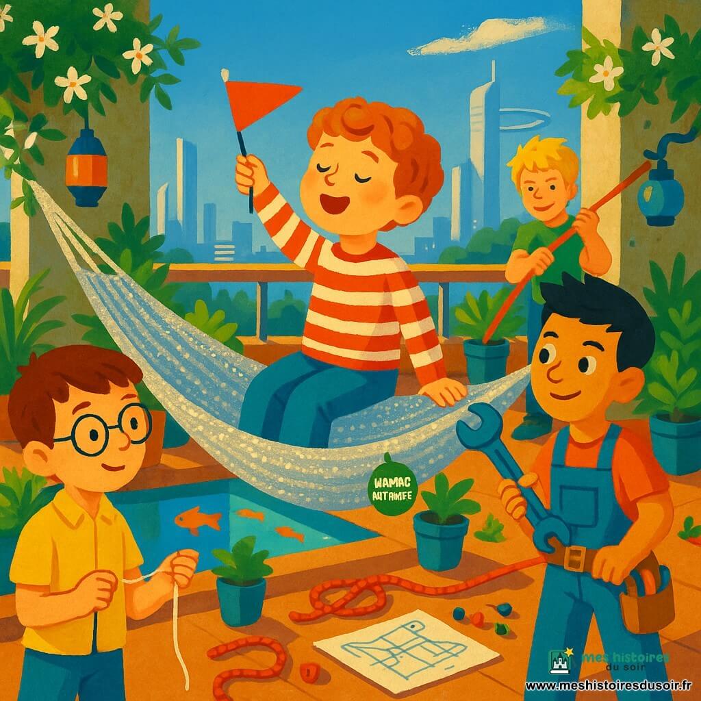 Quatre garçons de 6 ans installent un hamac lumineux sur une grande terrasse urbaine sur toit : Léo, petit aux cheveux bruns courts et lunettes, tient un fil et regarde le hamac ; Sam, cheveux noirs en brosse en salopette bleue, tourne une vis avec une clé ; Noé, athlétique aux cheveux blonds, tend une corde pour l'ancrage à l'arrière ; Milo, roux bouclé, assis sur le bord du hamac, chante en agitant un petit drapeau. La terrasse, bordée de deux gros piliers en béton recouverts de jasmin, comporte des bassins d'eau reflétant le ciel, lanternes en verre coloré, plantes en pots et poissons visibles sous une rambarde transparente ; au loin, vue sur une ville futuriste de tours argentées. On voit le tissu léger du hamac tissé de fils argentés, vis colorées, corde tordue, plan papier avec dessins et une petite étiquette ronde verte « hamac autorisé », le tout baigné d'une lumière dorée de fin d'après-midi.