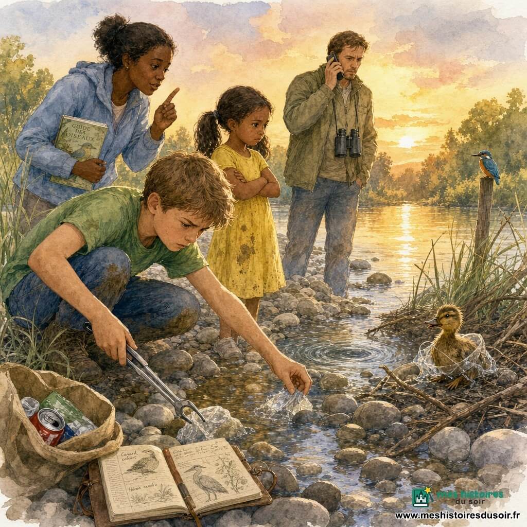 Un garçon de 12 ans, Léo, accroupi au bord d'une rivière claire, tend une pince métallique vers un morceau de plastique coincé entre des galets pour libérer un oiseau tandis qu'Inès, une fille de 8 ans, inquiète, le regarde ; la mère, calme, tient une boîte vide et un guide d'oiseaux et chuchote des consignes, le père, prêt à appeler le centre de soins, est au téléphone avec des jumelles au cou ; la scène montre la famille ramassant des déchets (sac en toile ouvert avec quelques détritus), un carnet de terrain ouvert sur une pierre avec des notes et un dessin de bergeronnette, et un martin‑pêcheur posé sur un piquet en arrière‑plan, le tout représenté en aquarelle douce aux lavis pastel, lumière dorée du soir, composition centrée sur le garçon.