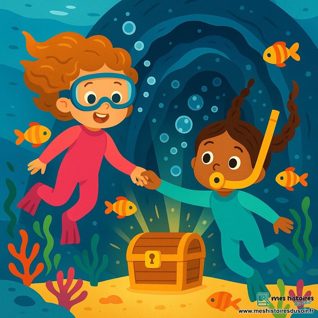 Il y a deux personnages principaux : Lou, une fille de 6 ans aux cheveux bouclés couleur caramel, portant une combinaison de plongée rose vif et un masque bleu, nage avec un grand sourire en tenant la main de Mila, qui a des nattes brunes, une combinaison turquoise et un tuba jaune. Elles nagent dans une mer cristalline, entourées de poissons colorés et de coraux multicolores. Elles explorent un tunnel sous-marin rempli de bulles scintillantes et découvrent un coffre mystérieux illuminé par une douce lumière dorée, ajoutant une touche de magie à leur aventure.