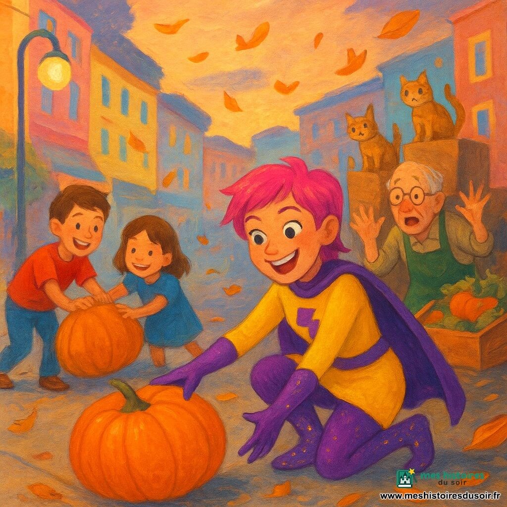 Super-Luci, femme joyeuse et malicieuse aux cheveux courts roses, costume jaune et violet et chaussettes scintillantes d'où s'échappent de petites étoiles, est accroupie pour rattraper une grosse citrouille orange ; M. Potiron, vieil homme ridé aux lunettes rondes et tablier vert taché, se tient penché derrière un étal renversé, les mains en l'air, surpris et soulagé ; à gauche, un garçon de 8 ans en t-shirt rouge et une fille de 7 ans en robe bleue rient en poussant une citrouille vers Super-Luci, tandis que trois chats roux et gris grimpent sur des cartons à l'arrière-plan. Scène : rue colorée de Lumiville au crépuscule, façades pastel et lampadaires ronds, étal de légumes renversé, feuilles d'automne virevoltantes, chaos comique de citrouilles roulant partout, lumière douce de fin de journée et atmosphère ludique et bienveillante. Style : gouache aux traits épais, couleurs vives et textures de pinceau visibles, composition centrée sur Super-Luci et la plus grosse citrouille.
