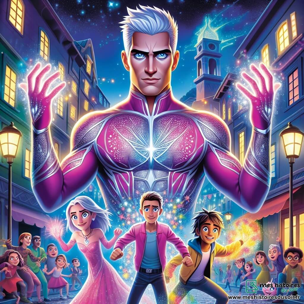 Au centre de l'image, Orion, un homme musclé d'environ deux mètres, porte une combinaison fuchsia avec des motifs argentés. Son regard bleu exprime détermination et courage alors qu'il se tient fièrement, les bras levés, prêt à affronter le mal. À ses côtés, Luna, une jeune fille de 10 ans avec des cheveux argentés, crée des ombres protectrices autour des habitants, son visage concentré et ses yeux brillants de magie. Max, un garçon de 9 ans, matérialise des illusions joyeuses avec un sourire éclatant, entouré de couleurs vives. Le décor se situe dans le quartier animé de Lumiville, sous un ciel étoilé, avec des bâtiments colorés et des lampadaires scintillants. Orion et les jeunes héros font face au vilain Dr. Nox, enveloppé d'ombres menaçantes, prêts à libérer la ville de la peur.