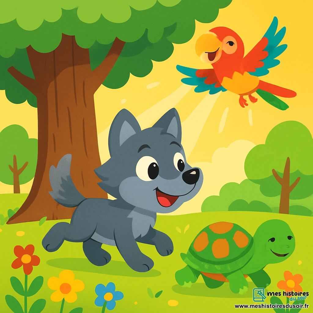Un petit loup gris nommé Léo court joyeusement autour d'un grand arbre. Son pelage est doux et il sourit avec enthousiasme. À côté de lui, une petite tortue verte, Tilly, avance lentement, admirant les fleurs. Un perroquet coloré, Paco, vole au-dessus d'eux en chantant. La scène se déroule dans une forêt verdoyante, avec des fleurs multicolores et des rayons de soleil. Léo, Tilly et Paco célèbrent leur amitié et la beauté de leurs différences dans un esprit de joie et d'harmonie.