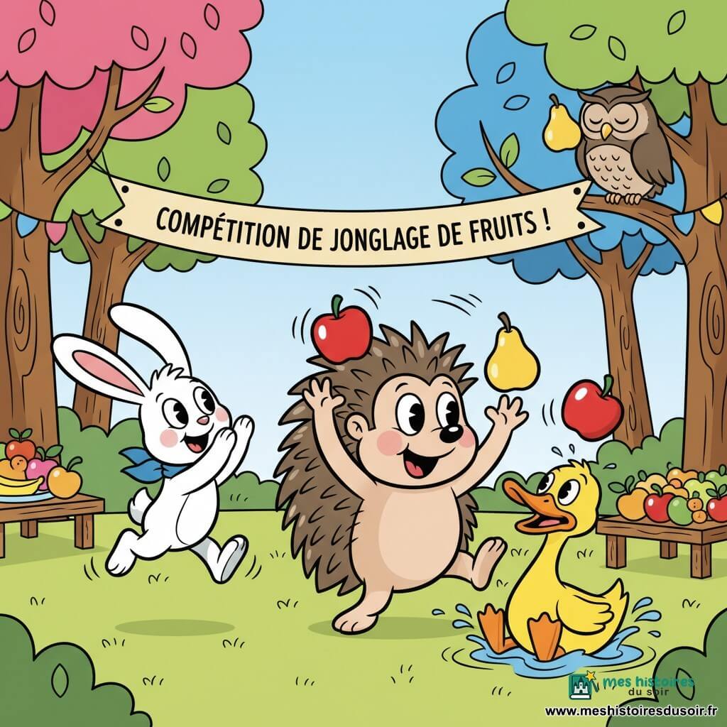 Hector, petit hérisson malicieux aux piquants ronds et joues rosées, tente maladroitement de jongler une pomme rouge et une poire jaune; Lila la lapine blanche, foulard bleu, saute et applaudit à gauche; Gaston le canard jaune, bec orange, est assis à droite, surpris par une pomme qui lui tombe sur la tête et éclabousse une petite flaque; en arrière-plan un vieux hibou dort sur une branche tandis qu’une poire atterrit près de son nez; clairière ensoleillée d’une forêt enchantée avec arbres aux feuilles rondes, banderole «Compétition de jonglage de fruits», guirlandes, tables en bois et fruits; scène centrée, moment drôle où Hector rate un lancer, couleurs vives, contrastes marqués et contours épais style cartoon rétro.
