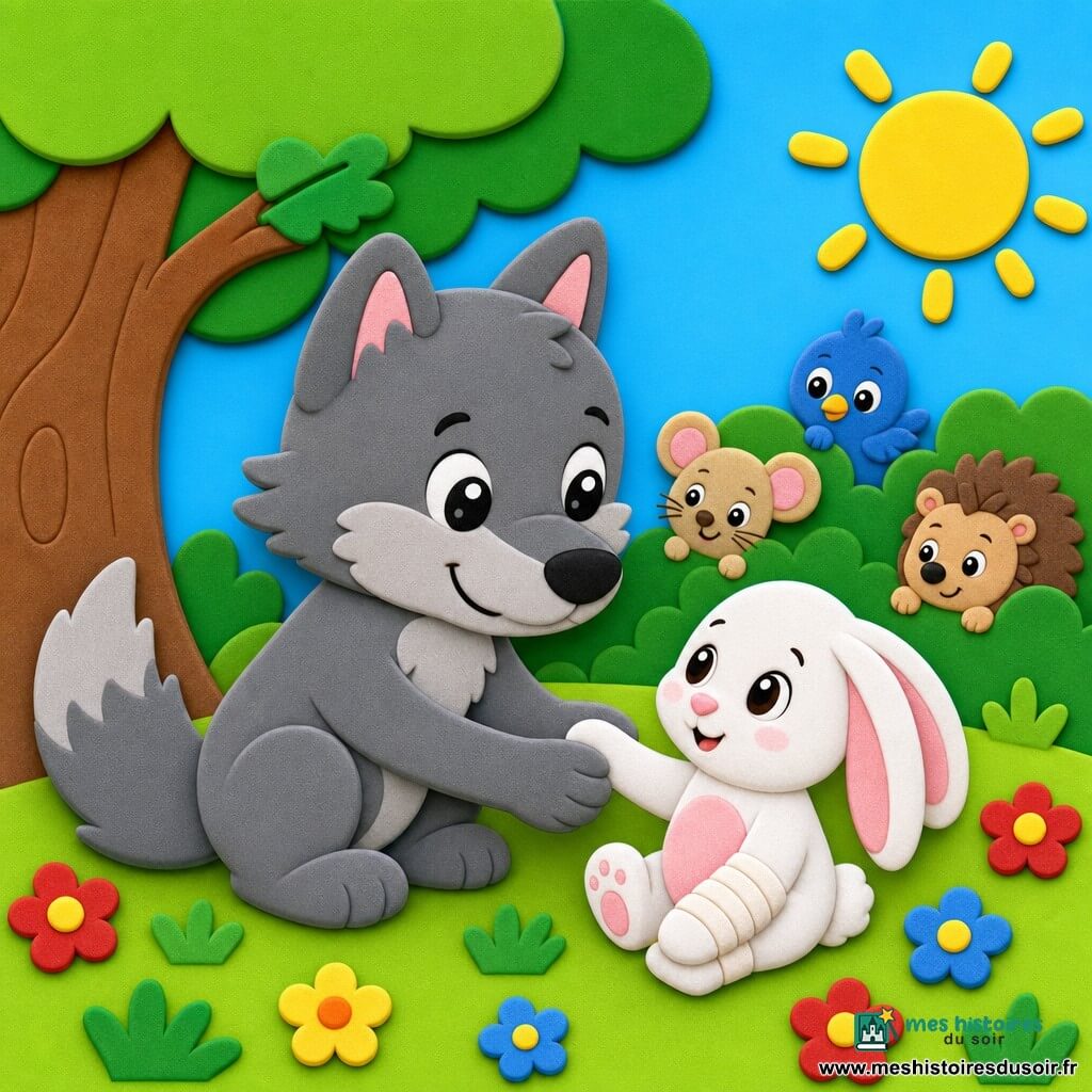 Loup souriant et tendre au pelage gris doux et contours arrondis, grands yeux brillants, assis et tendant une patte pour aider un petit lapin blanc au ventre rose et à la patte bandée qui se blottit contre lui; en arrière-plan, une souris beige, un oiseau bleu et un hérisson brun aux formes simples regardent la scène depuis des buissons; clairière ensoleillée avec herbe verte vive, fleurs rouges, jaunes et bleues, grand chêne stylisé à gauche, ciel bleu uni et soleil jaune en coin; ambiance chaleureuse de guérison et d'amitié, couleurs vives, contours épais et texture mousse style gommette.
