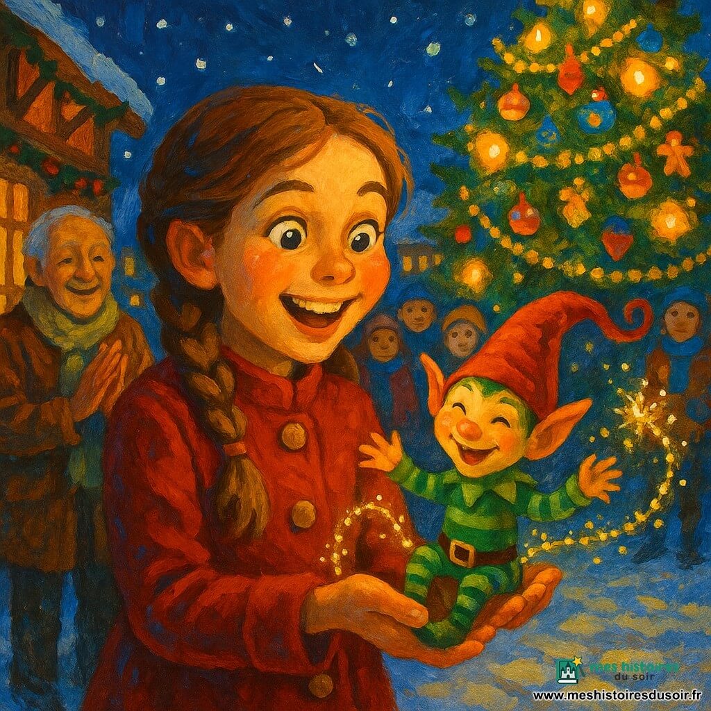 Fille de 10 ans, joyeuse et émerveillée, cheveux châtain clair en tresses, yeux brillants, manteau rouge à boutons dorés, tenant un petit lutin vert et regardant un immense sapin de Noël illuminé; lutin farceur au bonnet rouge clignotant et vêtements verts rayés, riant et agitant une guirlande scintillante à côté d'elle; grand-père d'environ 70 ans, visage ridé et souriant, écharpe en laine beige, applaudissant près d'une boutique en bois à gauche; plusieurs villageois joyeux en bonnets et manteaux colorés formant une foule chaleureuse sur la place centrale pavée partiellement enneigée, maisons en bois décorées de guirlandes et lanternes, ciel nocturne bleu profond étoilé avec flocons; révélation du sapin décoré projetant lumières dorées et reflets chauds sur les visages, atmosphère festive et magique, composition centrée sur la fille et le lutin; style peinture acrylique, coups de pinceau visibles, couleurs vives et contrastées, textures neigeuses et reflets lumineux marqués.