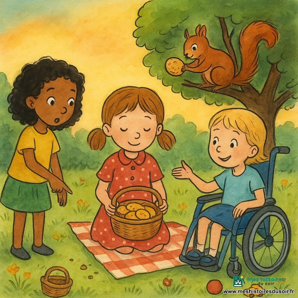 Trois fillettes d'environ 7 ans enquêtent dans un jardin au crépuscule : Lila, châtain clair en couettes, en robe à pois, assise au centre sur une couverture à carreaux, tient un panier ouvert d'où sortent des biscuits brillants ; Zoé, bouclée noire, en t‑shirt jaune et jupe verte, debout à gauche, pointe des miettes au sol ; Emma, blonde en fauteuil roulant bleu à droite, sourit en regardant un petit écureuil roux perché sur une branche tenant un biscuit ; on voit une piste de miettes menant du panier au buisson ; atmosphère tendre et joyeuse, traits à l'encre fine, couleurs douces et ombres légères du soir.