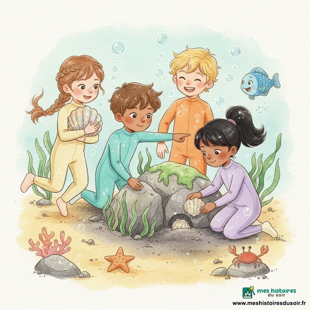 Quatre enfants sous l'eau près d'un rocher couvert d'algues : Zoé (7 ans, tresses, combinaison jaune pâle) à gauche tient un grand coquillage brillant en souriant ; Léo (7 ans, cheveux bruns, combinaison turquoise) au centre pointe un rocher de sable sombre ; Mila (6 ans, queue de cheval, combinaison lavande) à droite agenouillée dépose doucement le coquillage dans une cachette ; Tom (8 ans, cheveux blonds, combinaison orange) derrière Léo rit en saluant un petit poisson bleu qui tourne autour ; sable doré devenant sombre près du rocher, coraux pastel, petites pierres brillantes, un crabe brun-rouge sur une pierre, une étoile de mer orange sur le sable et des bulles et reflets lumineux sur leurs combinaisons tandis qu'ils cachent le coquillage ensemble.