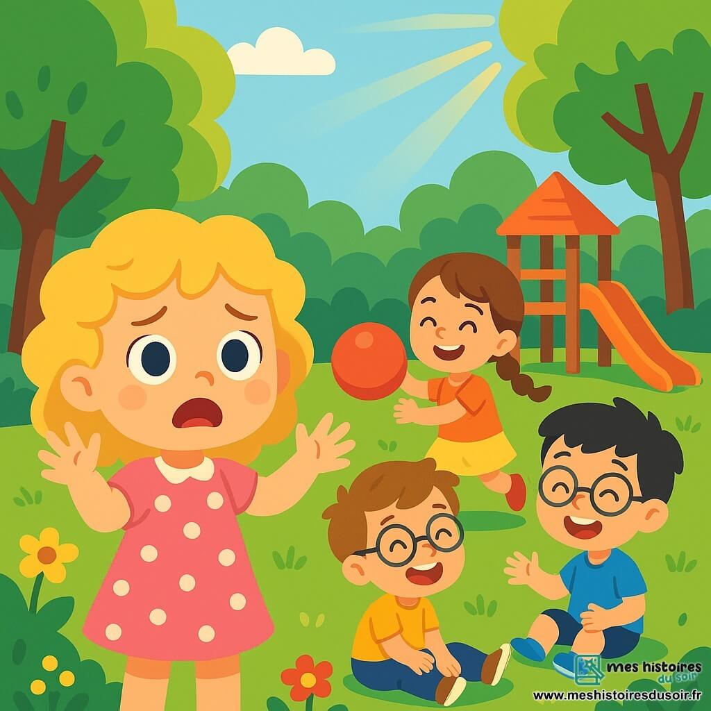 Alice, une petite fille de 4 ans aux cheveux bouclés et blonds, porte une robe rose à pois blancs et cherche ses amis dans le parc avec un regard inquiet. À proximité, Charlotte, également âgée de 4 ans, joue avec un ballon rouge, tandis que Léo, un garçon aux cheveux châtains et aux lunettes rondes, rit avec Thomas, qui porte un t-shirt bleu. Le parc est rempli d'arbres verts et de fleurs colorées, et le soleil filtre à travers les branches. Alice, inquiète, appelle ses amis en levant les bras, et Charlotte, Léo et Thomas se retournent vers elle, surpris et heureux de la retrouver.