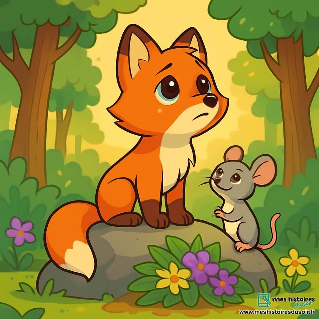 Un jeune renard nommé Léo, avec une fourrure rousse et des yeux pétillants, se tient sur une pierre, regardant le ciel avec une expression mélancolique mais pleine d'espoir. À ses côtés, sa meilleure amie, une petite souris grise nommée Mia, le regarde avec douceur. Ils se trouvent dans une forêt verdoyante, éclairée par le soleil couchant, entourés d'arbres majestueux et de fleurs colorées. Léo se remémore son grand-père lors d'une petite cérémonie où il dépose des feuilles et des fleurs en hommage.