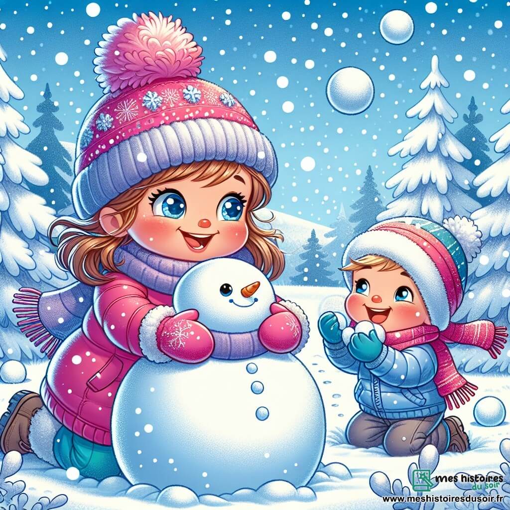 Lucie, une petite fille de 7 ans aux cheveux châtain clair et aux yeux pétillants, sourit émerveillée en roulant une boule de neige pour construire un bonhomme de neige. Elle porte une combinaison de neige rose vif, des gants bleus et un bonnet à pompon, avec des joues rosies par le froid. À ses côtés, son petit frère Paul, âgé de 5 ans, avec des cheveux blonds en bataille, s'amuse à ramasser des boules de neige à lancer, riant aux éclats. Il est vêtu d'une combinaison bleue et d'une écharpe rouge. Le décor est une colline enneigée entourée de sapins recouverts de neige, sous un ciel bleu clair avec quelques flocons. La scène illustre Lucie et Paul créant un bonhomme de neige, leurs rires résonnant dans l'air frais, capturant la magie d'une journée d'hiver joyeuse.