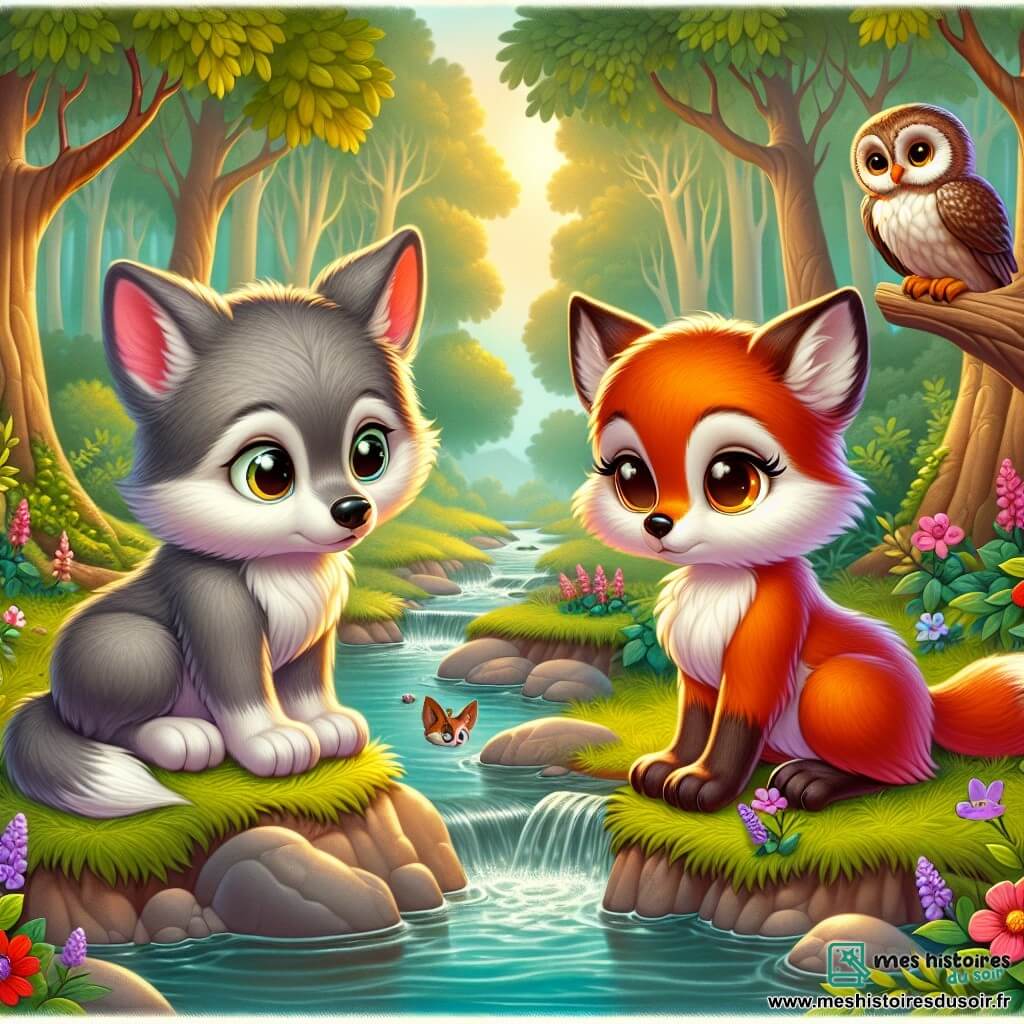 Illustration d'un petit loup gris aux yeux pétillants, assis au bord d'un ruisseau avec une expression mélancolique. Il regarde l'eau, ses oreilles légèrement tombantes, tenant une petite fleur violette dans ses pattes avant. À ses côtés, une renarde rousse, au pelage éclatant et aux yeux tristes, se tient debout, les pattes croisées, regardant son ami avec compassion, une larme glissant sur sa joue. Un hibou sage, perché sur une branche, les observe avec bienveillance, ses plumes brun doux et ses grands yeux ronds exprimant sagesse et compréhension. Le cadre est une forêt verdoyante, illuminée par la lumière dorée du soleil couchant, entourée d'arbres majestueux et de fleurs colorées, créant une atmosphère paisible. La scène montre le loup et la renarde se remémorant un ami perdu, tandis que le hibou les encourage à célébrer la vie et l'amitié. Des papillons colorés volent autour d'eux, des étoiles scintillent dans le ciel, et une légère brise fait danser les feuilles des arbres, ajoutant une touche de douceur à cette scène émotive.