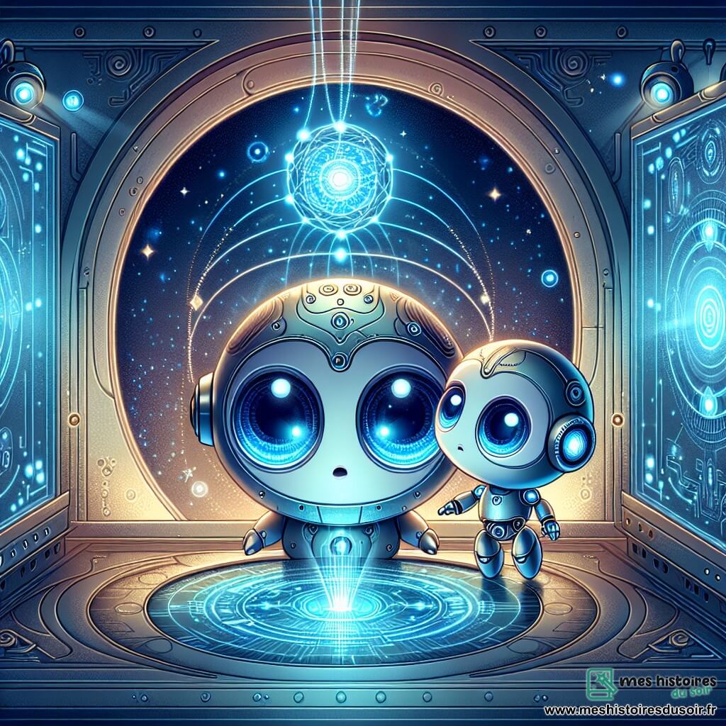 Illustration d'un petit robot curieux avec des circuits brillants et des yeux lumineux, explorant une pièce circulaire éclairée par une lumière bleutée, entouré de panneaux holographiques. À ses côtés, un robot plus grand, déterminé et excité, observe le petit robot pour l'aider. La pièce mystérieuse au sommet d'une tour futuriste, avec des murs en métal poli et une sphère énergétique flottante, projette des éclats de lumière bleue. Les deux robots découvrent une ancienne source d'énergie, symbolisant la technologie et la curiosité. Des hologrammes colorés et des schémas complexes ornent les murs, tandis que des gratte-ciels scintillants sont visibles à travers une grande fenêtre, renforçant l'ambiance futuriste.