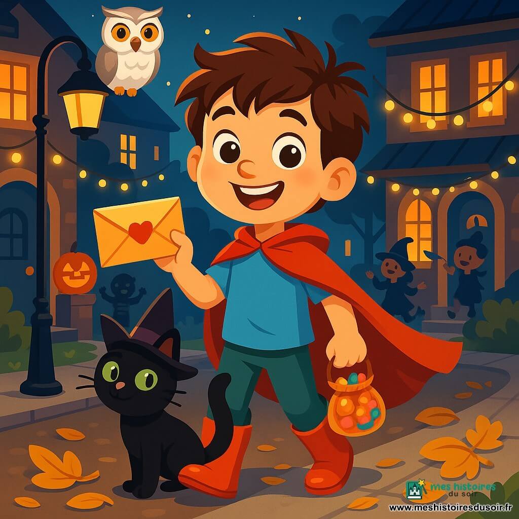 Léo, un garçon de 8 ans aux cheveux bruns en bataille et aux yeux curieux, porte une cape rouge et des bottes en caoutchouc. Il sourit largement, tenant une lettre parfumée et un sac de bonbons, debout sur un trottoir bordé de feuilles dorées. À ses côtés, un chat noir au chapeau pointu se frotte à sa jambe, tandis qu'une chouette blanche observe la scène depuis une lampe de rue. Le décor d'Halloween est animé, avec des citrouilles souriantes, des guirlandes lumineuses et des enfants déguisés. Léo, enthousiaste, est prêt à livrer un message magique dans une atmosphère festive et chaleureuse.