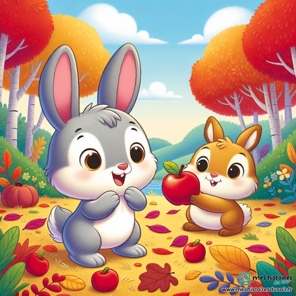 Lapinou, un petit lapin aux grandes oreilles et à la fourrure douce et grise, est joyeux et curieux. Il se tient debout sur ses pattes arrière, émerveillé par une pomme rouge brillante au sol. À ses côtés, Maman Lapine, au pelage brun clair et aux yeux doux, sourit en ramassant des feuilles colorées, attentive et encourageante. La scène se déroule dans une clairière enchantée, entourée d’arbres aux feuilles flamboyantes et d’un sol recouvert de feuilles dorées et rouges. Au loin, un ciel bleu clair est parsemé de nuages cotonneux. Ils se préparent à ramasser des pommes et des feuilles pour décorer leur maison avant l’hiver.