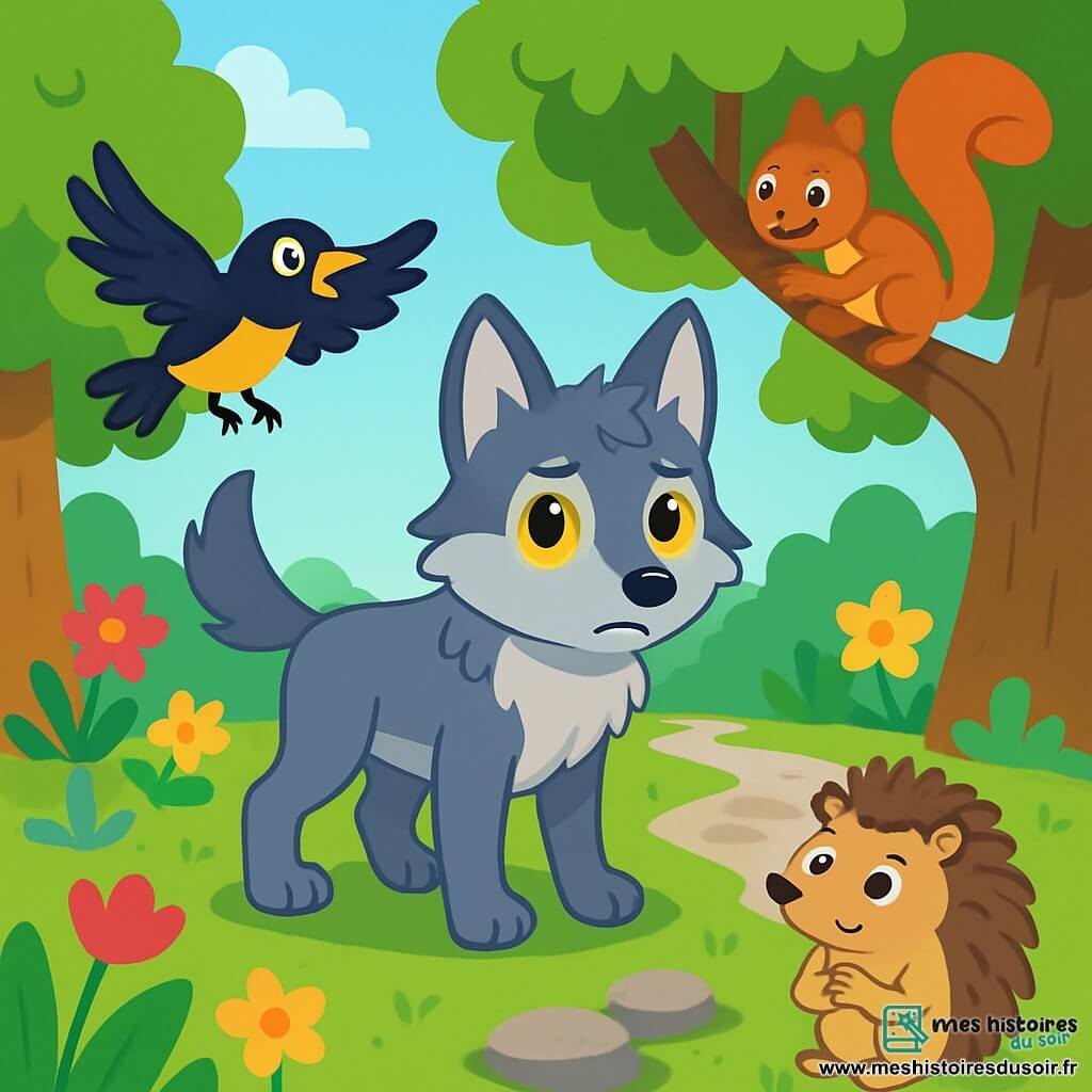 Lumi, un jeune loup aux yeux dorés et au pelage gris argenté, se tient au centre de la clairière, inquiet et déterminé. À ses côtés, Plume, un merle noir au ventre jaune, vole en cercles. Frimousse, un écureuil roux, grimpe sur une branche, tandis que Dodo, un hérisson aux piquants bruns, semble perplexe. La clairière est entourée d'arbres majestueux et de fleurs colorées, avec un petit ruisseau asséché au centre. Lumi et ses amis sont prêts à partir à la recherche de la source magique disparue qui fait briller la forêt.