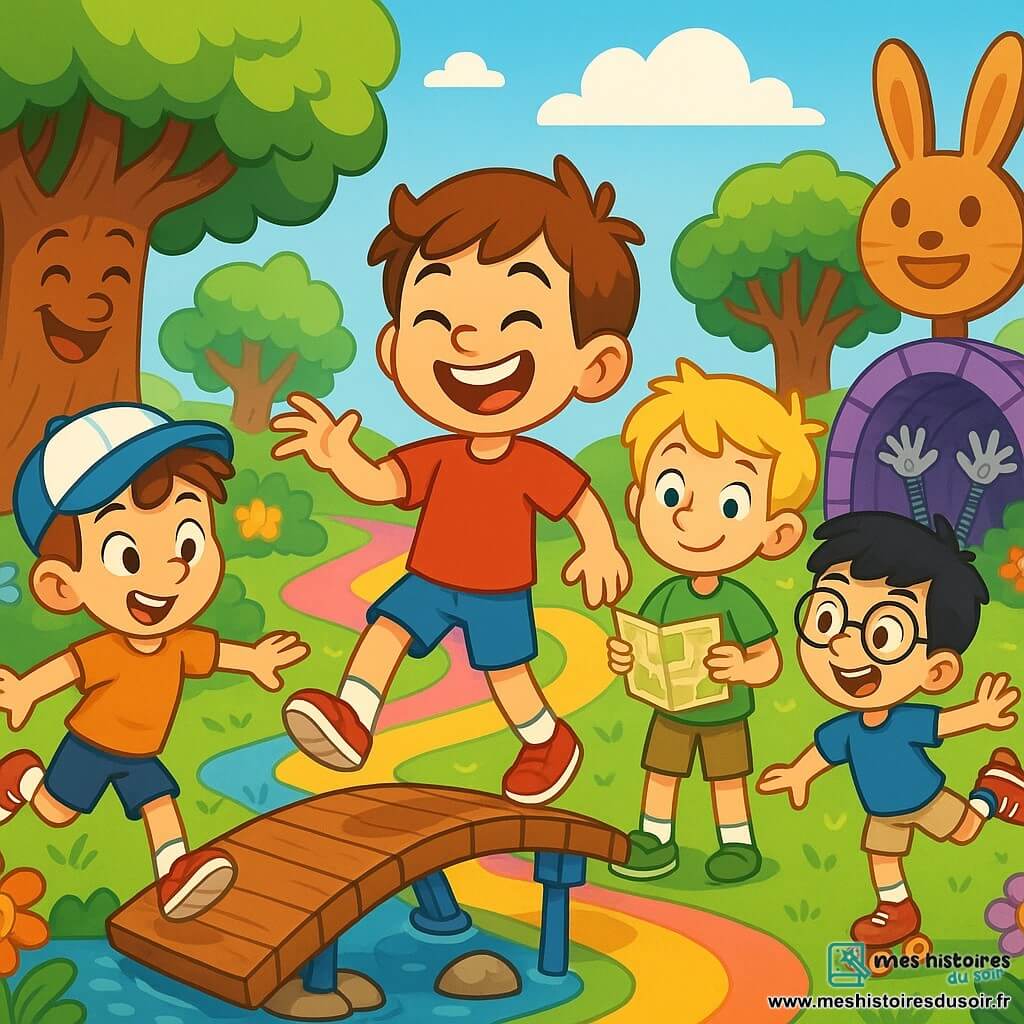 Quatre garçons de 8 ans se trouvent dans un parc magique. Jules, aux cheveux bruns et souriant, porte un t-shirt rouge et des shorts bleus, prêt à traverser un pont. À sa droite, Max, avec des cheveux blonds et un t-shirt vert, tient une carte. À gauche, Hugo, avec une casquette, se tient sur le bord du pont, et Léo, en t-shirt bleu et patins à roulettes, fait une pirouette. Le parc est rempli d'arbres souriants et de fleurs chantantes, avec des chemins colorés. Les garçons traversent le Pont Bascule-Patacloc en riant, tandis que des bras mécaniques chatouillent les passants dans le Tunnel des Chatouilles, créant une ambiance joyeuse.