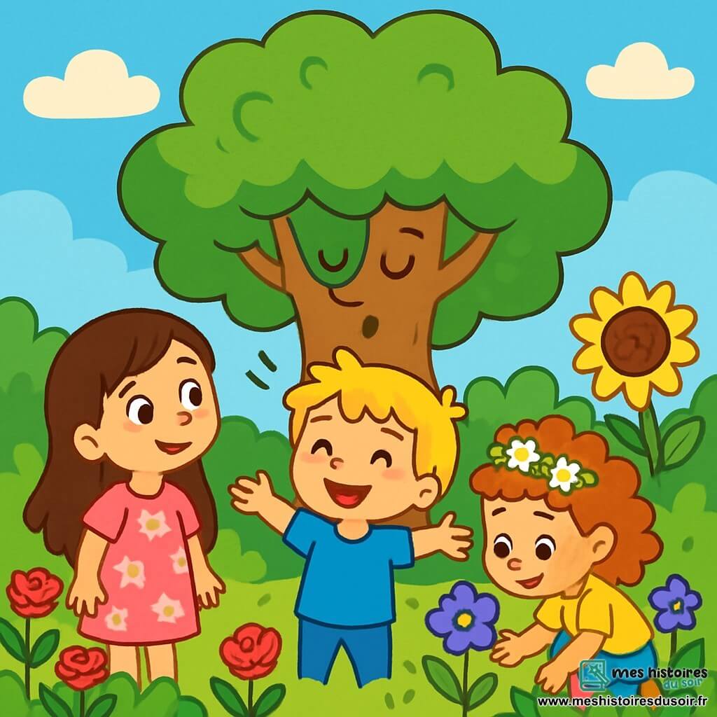 Il y a trois personnages : Lila, une fille de 6 ans aux longs cheveux bruns et aux yeux pétillants, souriante dans une robe rose à fleurs, se tient à gauche. Hugo, un garçon de 7 ans avec des cheveux blonds en bataille et un t-shirt bleu, est au centre, les bras ouverts. Zoé, une fille de 5 ans avec des cheveux bouclés et une couronne de fleurs, est à droite, accroupie près d'une fleur colorée. Ils se trouvent dans un jardin verdoyant rempli de fleurs éclatantes, avec un grand arbre majestueux au centre. Les trois amis écoutent l'arbre, émerveillés par la magie de la nature et l'idée de l'amitié.