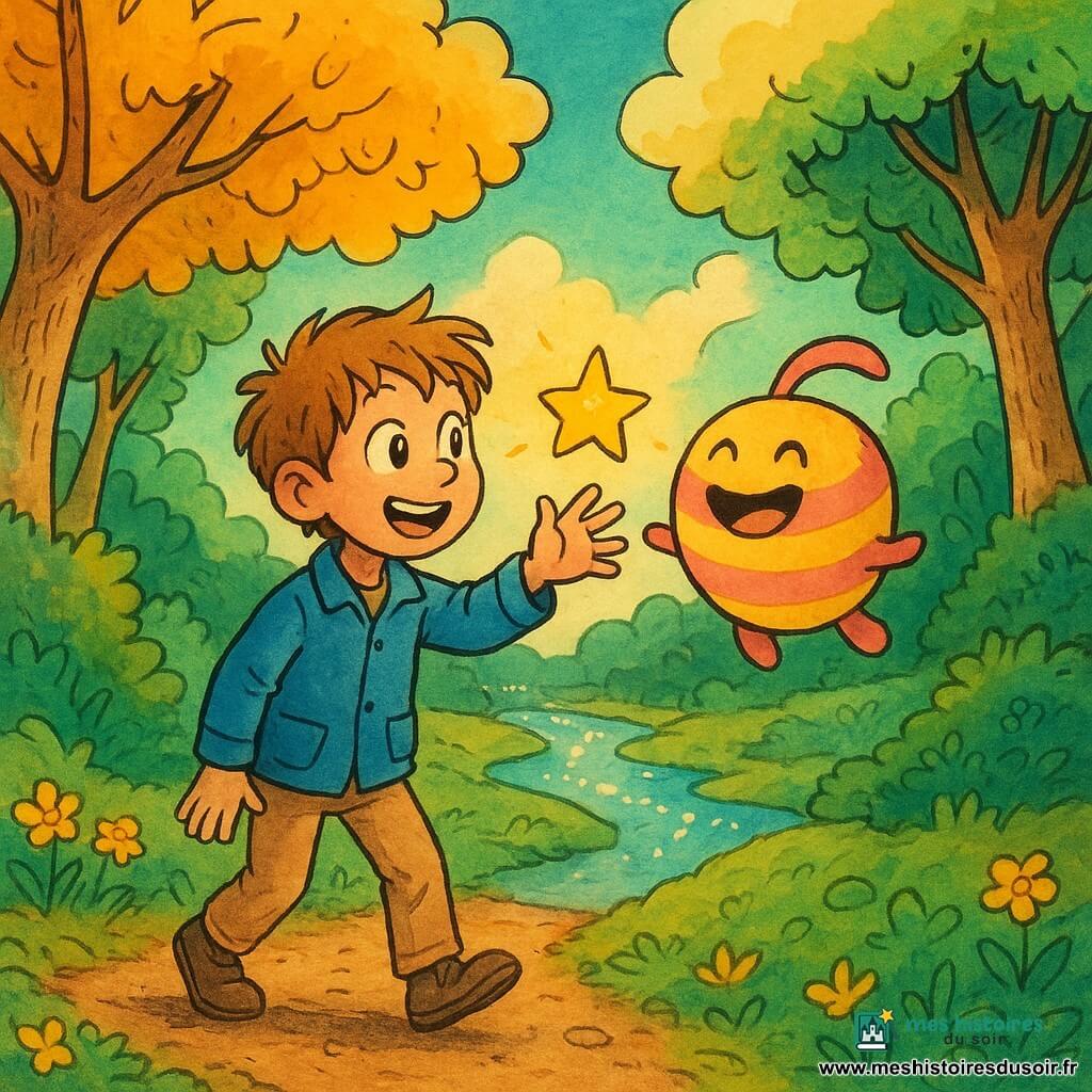 Un garçon de 10 ans émerveillé tend la main vers une petite étoile dansante ; cheveux châtain clair en bataille, yeux brillants, veste bleue et pantalon beige, sur la pointe des pieds sur un sentier. La Joie, créature ronde et colorée non humaine aux rayures rose et jaune, yeux rieurs et petits bras ouverts, rebondit à côté de lui. Forêt enchantée avec arbres aux feuilles dorées et vert émeraude, rivières scintillantes, fleurs lumineuses et nuages bas ; ambiance magique et chaleureuse, couleurs saturées, lumière douce de l'étoile éclairant les visages. Vue en plan moyen, composition centrée, traits nets, style bande dessinée européenne avec textures à l'encre.