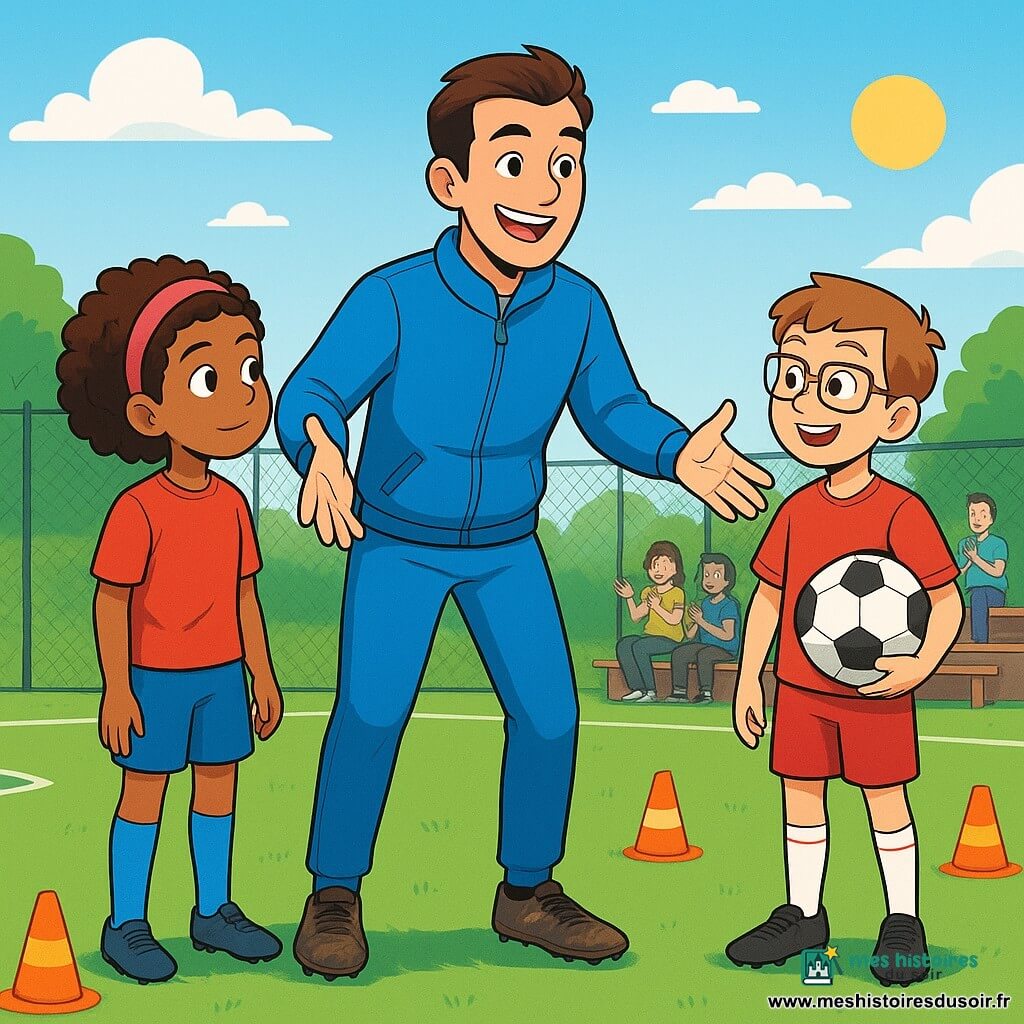 Un homme, Marco, souriant et déterminé, porte un survêtement bleu vif et des chaussures de football usées. Il donne des instructions à ses jeunes joueurs sur un terrain de football verdoyant, les bras ouverts et le visage rayonnant d'enthousiasme. À ses côtés, Amina, 11 ans avec des cheveux bouclés et un bandeau rose, écoute attentivement. Léo, 10 ans avec des lunettes et un short rouge, se tient en retrait, tenant un ballon de football. Le terrain est entouré de grillages, avec des cônes colorés et des spectateurs applaudissant sur des bancs en bois. Le ciel est bleu avec quelques nuages, et le soleil brille, créant une ambiance joyeuse. Marco montre aux enfants comment se placer sur le terrain, illustrant l'importance de la coopération et de la confiance dans le football.