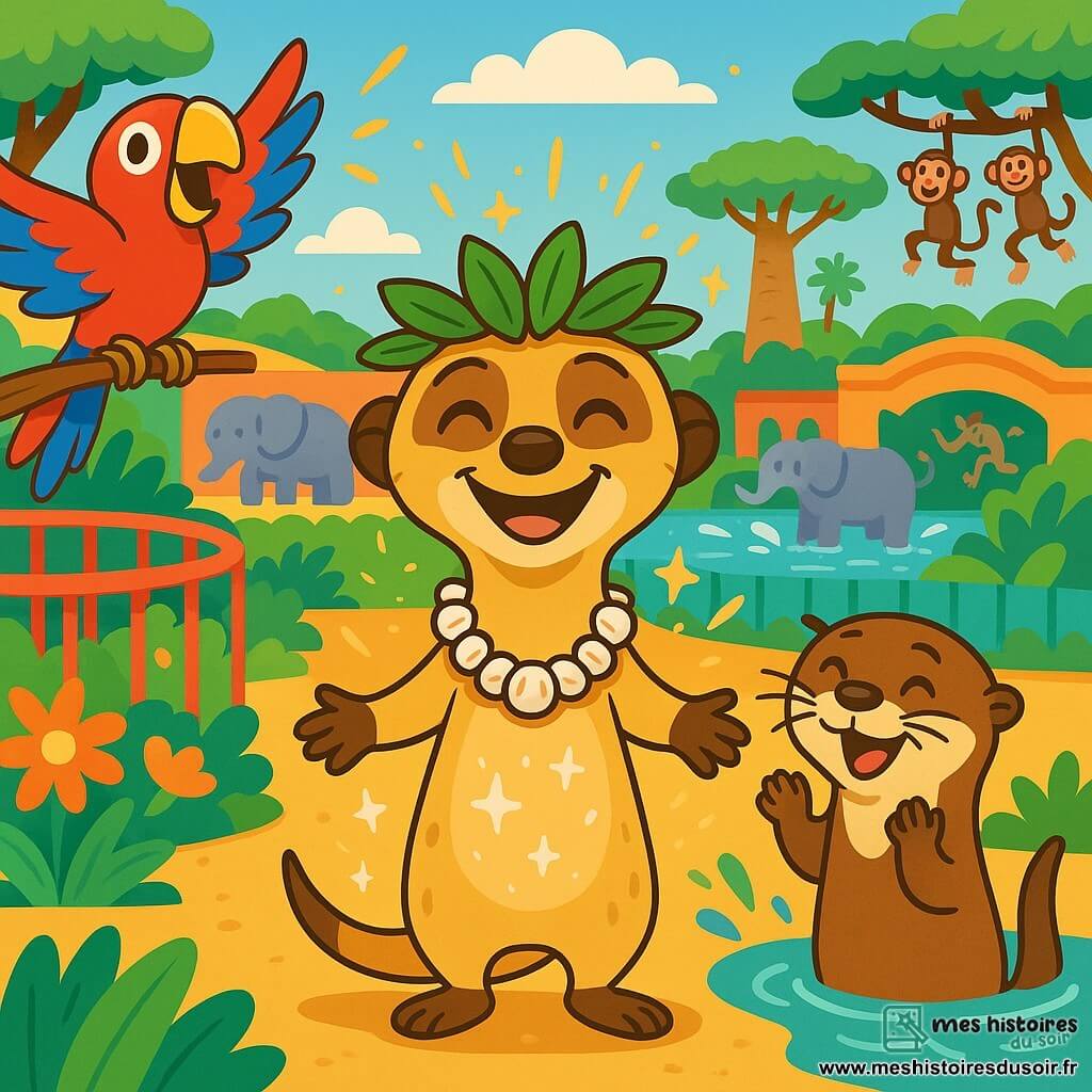 Martin le suricate, joyeux et souriant, se tient au centre de l'image, portant une couronne de feuilles de baobab et admirant un collier en coquillages. À sa droite, Lili la loutre applaudit en nageant dans une flaque d'eau, tandis qu'à gauche, Gaston le perroquet chante sur une branche, ajoutant de la couleur à la scène. Le décor du zoo des merveilles comprend des enclos colorés, des éléphants jouant dans l'eau et des singes sautant. Martin célèbre son anniversaire entouré de ses amis, avec des rires et des chants, sous une pluie d'étincelles dorées.