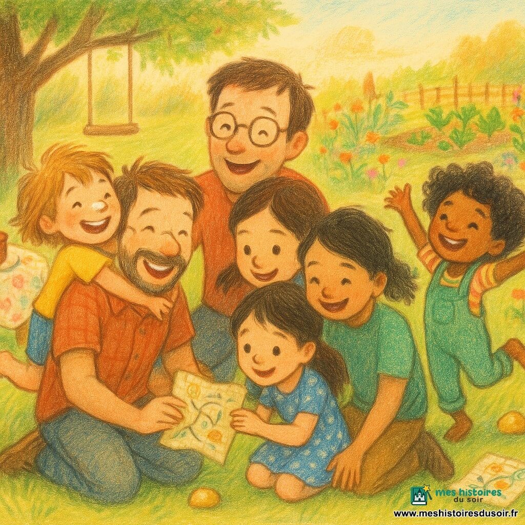 Six personnages dans un jardin ensoleillé : Lola, 6 ans, cheveux courts châtain clair, t-shirt jaune, jambes nues, crème solaire sur le nez, saute dans les bras de son papa à gauche (35 ans, barbe de quelques jours, chemise à carreaux) ; Zoé, 6 ans, queue de cheval brune, robe bleue à pois, tient une carte au trésor dessinée, son papa (38 ans, lunettes rondes, t-shirt rouge) s'agenouille au centre en tenant la carte ; Jade, 7 ans, cheveux bouclés noirs, salopette verte, danse de victoire près d'un caillou peint en or, son papa (32 ans, cheveux courts bruns, t-shirt vert) assis à droite rit, moustache de crème solaire dessiné par sa fille. Décor : grande pelouse, arbre à gauche, balançoire en bois, petite table à nappe fleurie avec croissants et gâteau au chocolat, fleurs et potager en arrière-plan. Scène : câlin collectif joyeux après une chasse au trésor, tas de câlins souriant, cailloux peints en or au sol, carte à moitié déroulée, dessins d'enfants éparpillés, expressions heureuses et lumière matinale dorée, style doux texturé aux crayons de couleur, couleurs chaudes et contours légèrement flous.