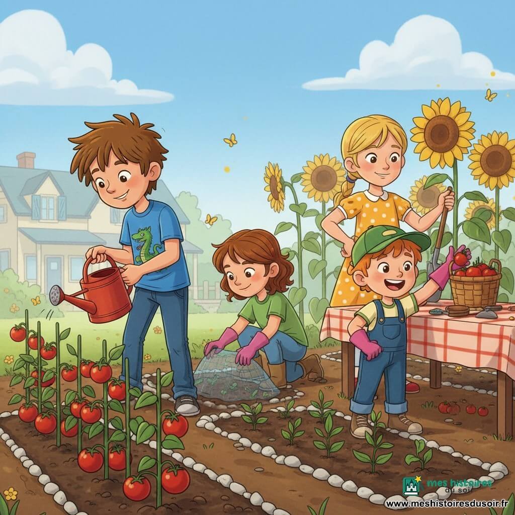 Quatre enfants de 9 ans jardinent dans un jardin de printemps lumineux : Max, garçon aux cheveux bruns en bataille en t‑shirt bleu avec dragon, tient un arrosoir rouge au centre gauche en souriant vers une rangée de tomates ; Léa, fille blonde en queue de cheval en robe jaune à pois, tient une pelle à l'arrière‑plan droit près des tournesols ; Tom, garçon roux en salopette et casquette verte, rit en agitant un petit panier de tomates au premier plan droit près d'une table en bois rustique ; Sarah, fille aux cheveux châtains bouclés en t‑shirt vert et gants roses, accroupie au centre droit pose un filet protecteur autour des pousses. Le jardin présente un sol sombre, rangées de légumes bordées de pierres blanches, grands tournesols au fond, nappe à carreaux sur la table, quelques outils, une maison aux volets bleus et un ciel bleu clair; l'atmosphère est joyeuse avec tomates rouges brillantes, jeunes tournesols, lumière douce du matin, pollen et papillons jaunes, style clair aux formes simples exprimant entraide et fierté.