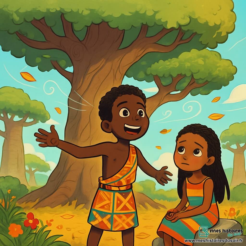 Kofi, un garçon de 12 ans aux yeux brillants et au large sourire, a la peau sombre et des cheveux crépus. Il porte un pagne coloré avec des motifs africains et se tient devant un majestueux Arbre des Souffles, écoutant le vent. À côté de lui, Leyna, une fille d'environ 10 ans aux longs cheveux tressés et en robe légère aux couleurs vives, regarde Kofi avec espoir, son visage reflétant douceur et tristesse. Ils se trouvent dans une clairière enchantée entourée de baobabs géants, le sol couvert de feuilles dorées et de fleurs colorées. Ils écoutent le murmure du vent, cherchant à comprendre le message de l'Arbre des Souffles pour ramener l'harmonie dans leur village.