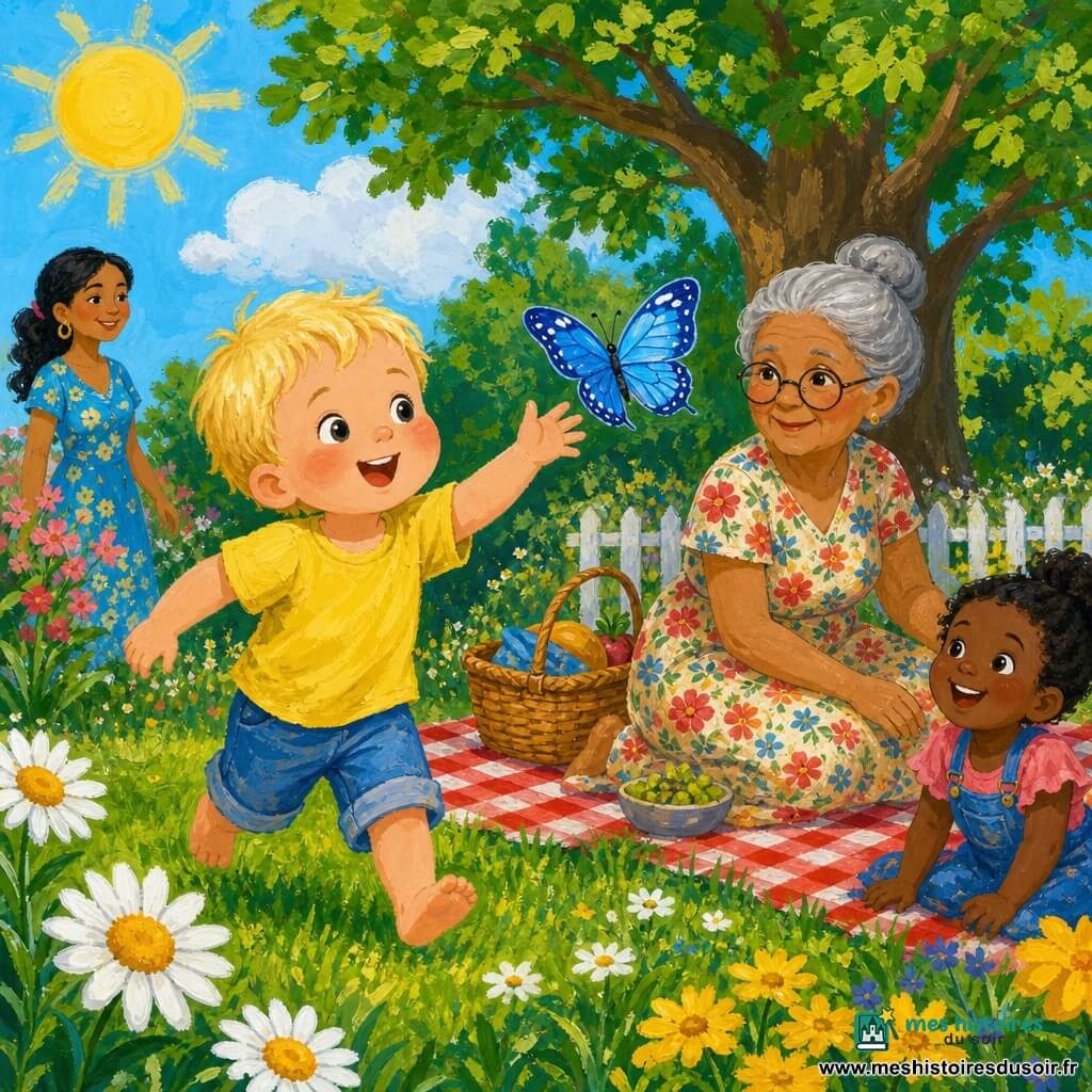 Léo, garçon de 2 ans aux cheveux blonds courts et joues rondes, sourit et tend la main vers un papillon bleu vif à taches blanches en marchant pieds nus dans l'herbe; mamie, femme d'environ 70 ans aux cheveux gris en chignon et lunettes rondes, vêtue d'une robe fleurie, est assise sur une couverture à carreaux près d'une corbeille de pique-nique et veille en souriant; jardin lumineux à herbe verte, marguerites jaunes et blanches, grand chêne et ciel bleu; style peinture acrylique aux couleurs vives, traits doux et formes simples.