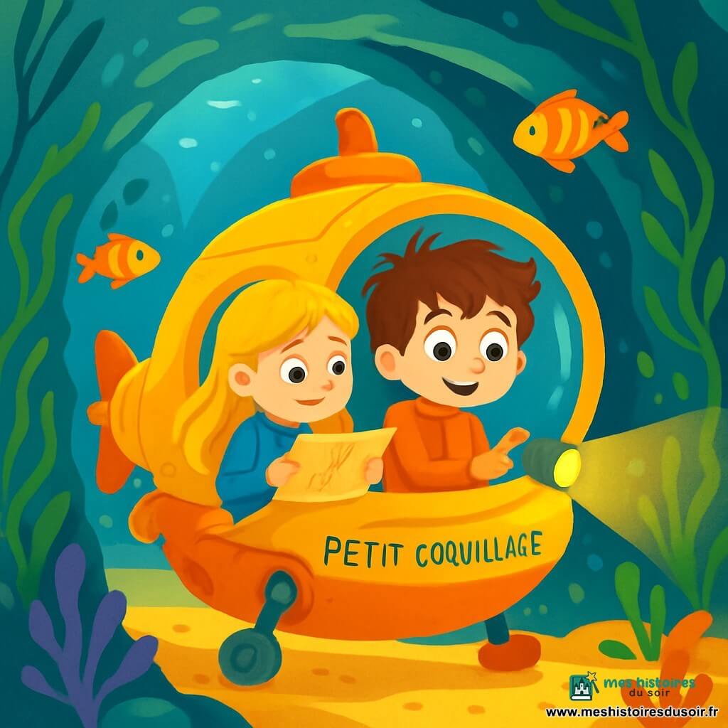 Un garçon de 6 ans, Nino, avec des cheveux bruns en bataille et des yeux curieux, est assis dans un sous-marin nommé Petit Coquillage. Il porte une combinaison de plongée orange et sourit, tenant une lampe pour éclairer les merveilles sous-marines. À ses côtés, sa meilleure amie Lila, 7 ans, avec des cheveux longs et blonds, en combinaison de plongée bleue, regarde une carte en pointant un chemin. Ils se trouvent dans un tunnel sous-marin mystérieux, avec des parois d'algues vertes et des poissons colorés. La lumière du soleil filtre à travers l'eau, créant des reflets sur le sable doré. Nino et Lila explorent une arche bleue, entourés de créatures marines, prêts à découvrir les trésors cachés de la mer.