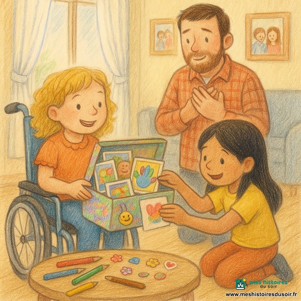 Dans un salon lumineux au parquet clair, Clara, 7 ans, aux boucles dorées et en fauteuil bleu clair, et Zoé, 7 ans, aux cheveux noirs, offrent au papa ému (35 ans, barbe courte, chemise à carreaux) une boîte à souvenirs brillante remplie de photos, d’un porte-clés et d’un poème tandis qu’elles décorent la boîte; ambiance tendre et familiale, couleurs chaudes.