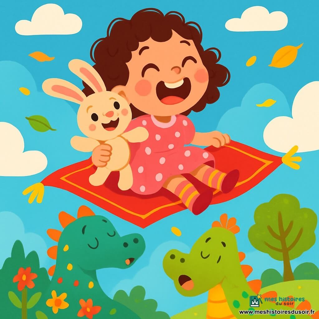 Une petite fille de 4 ans, avec de grands yeux et des cheveux bouclés, rit sur un tapis volant dans le ciel. Elle porte une robe rose à pois blancs et des chaussettes rayées. À ses côtés, un doudou lapin en peluche s'accroche à elle, les yeux écarquillés d'excitation. En dessous, un dragon dodu et coloré, aux écailles scintillantes, flotte dans les airs, la bouche ouverte dans un bâillement amusé. Le décor est un ciel bleu avec des nuages moelleux et un jardin verdoyant. La scène montre la petite fille et son doudou riant, tandis que le dragon tente de retenir un bâillement, créant une ambiance magique.