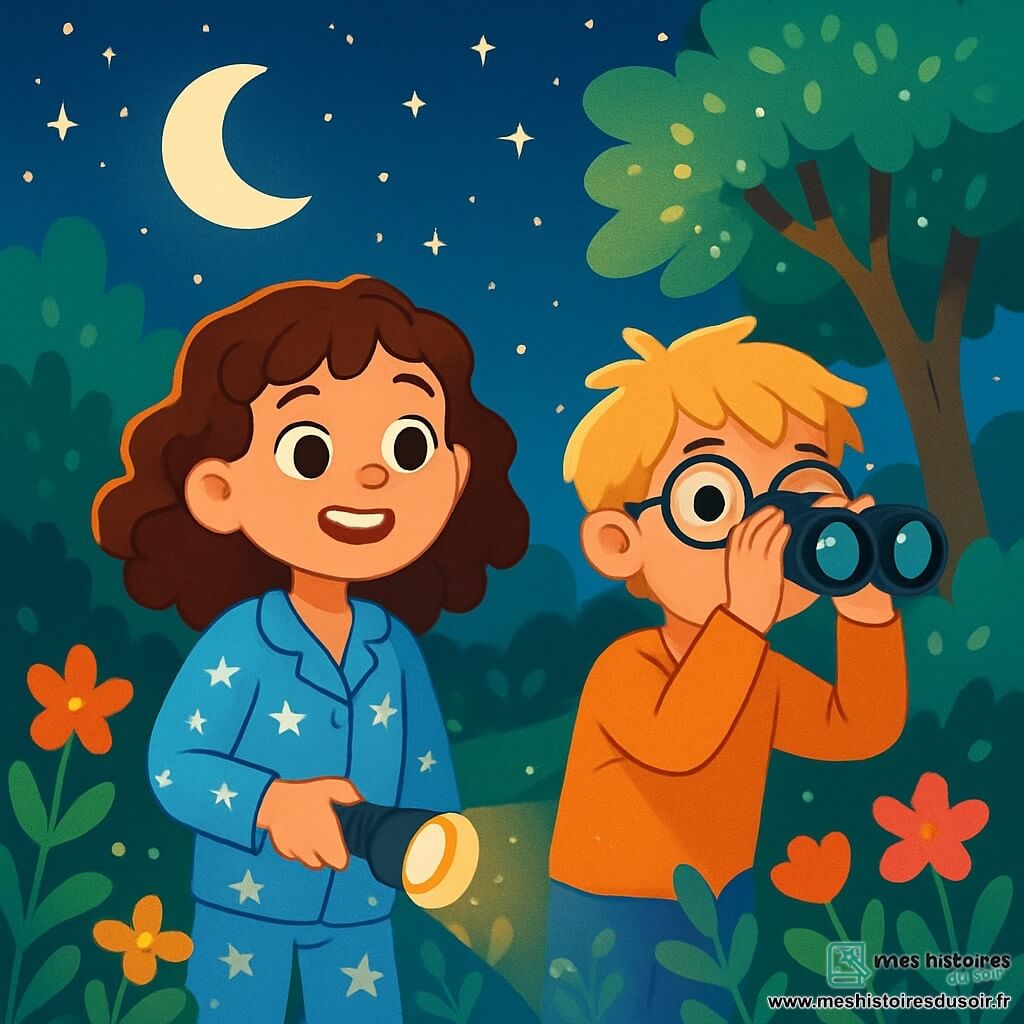 Clara, une fille de 12 ans aux cheveux châtains bouclés et aux yeux émerveillés, se tient sous un ciel étoilé, souriante dans son pyjama bleu à motifs d'étoiles blanches, tenant une lampe de poche. À ses côtés, Lucas, son ami de 12 ans avec des cheveux blonds en bataille et des lunettes rondes, observe le ciel avec des jumelles, fasciné. Ils sont dans le jardin de Clara, entourés de fleurs colorées et d'arbres scintillants sous la lune. L'atmosphère est magique et aventureuse, les enfants partagent des rires et des histoires, transformant leur peur de la nuit en une expérience joyeuse.