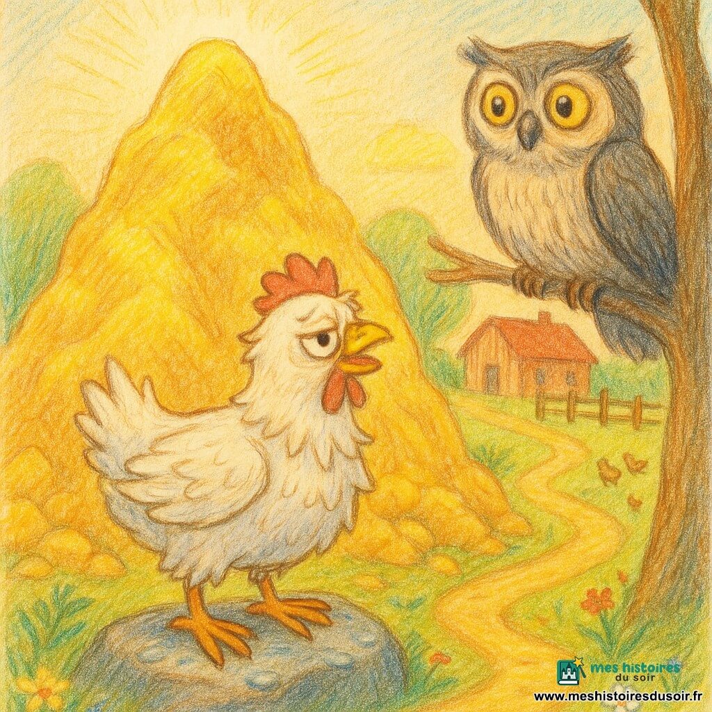 Une petite poule nommée Coquette, plumes blanches légèrement froissées et regard vif, se tient au pied d'une montagne d'or en levant la tête vers le sommet, l'air à la fois fier et fatigué, un vieux hibou gris aux grands yeux dorés la regarde bienveillant depuis une branche basse à droite ; au loin, une ferme et de petites poules observent, la montagne aux rochers ocres et reflets jaune-paille brille sous un soleil chaud, sentier sinueux bordé de fleurs sauvages, ambiance douce et paisible aux couleurs chaudes et textures crayon adaptées aux enfants.