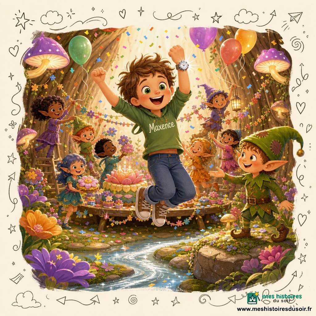 Maxence, garçon de 8 ans au visage rond, cheveux châtains en bataille et yeux verts, porte une montre scintillante et saute de joie au centre d'une fête d'anniversaire magique, tandis que Lucas, petit lutin au costume vert et chapeau rapiécé, lui tend la main depuis une pierre fleurie à droite; plusieurs lutins enfantins colorés décorent une grande table basse de gâteaux en forme de fleurs et de guirlandes derrière lui, dans le royaume creusé d'un grand tronc d'arbre aux murs d'écorce, champignons lumineux, fleurs géantes et ruisseau argenté au premier plan, sous des ballons colorés, confettis et une lumière douce et chaleureuse.
