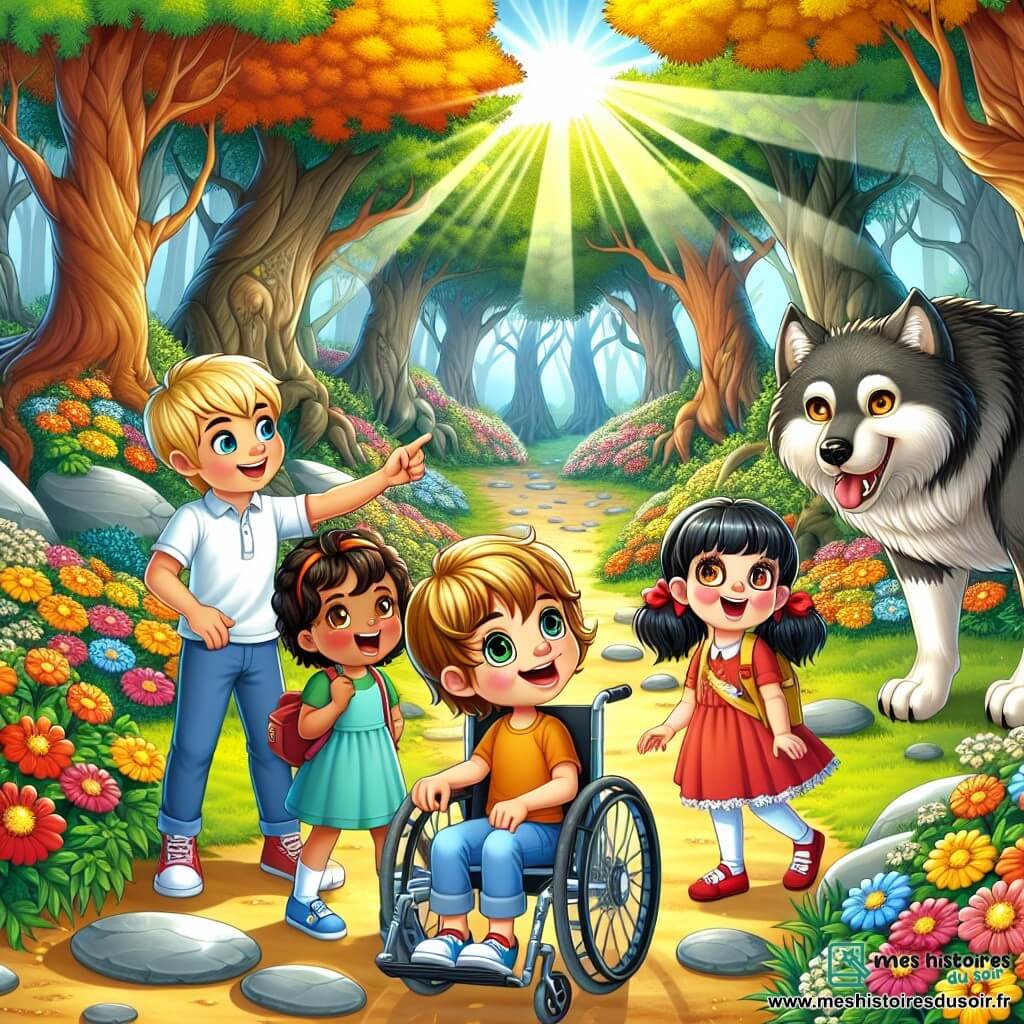 Dans une forêt enchantée, quatre enfants se tiennent au centre. Max, 10 ans, aux cheveux blonds, regarde avec émerveillement un grand loup. À sa droite, Lila, 9 ans, aux yeux pétillants et cheveux bruns, pointe des pierres brillantes. Nino, 8 ans, aux cheveux noirs en bataille, rit en faisant une grimace, tandis que Mia, 7 ans en fauteuil roulant, sourit, ses cheveux châtains en couettes. La forêt est dense avec de grands arbres et des feuilles colorées. Des fleurs multicolores tapissent le sol, et un rayon de soleil illumine la scène. Le loup, au pelage noir et aux yeux brillants, se tient devant les enfants, qui montrent curiosité et amitié, prêts à explorer la forêt.