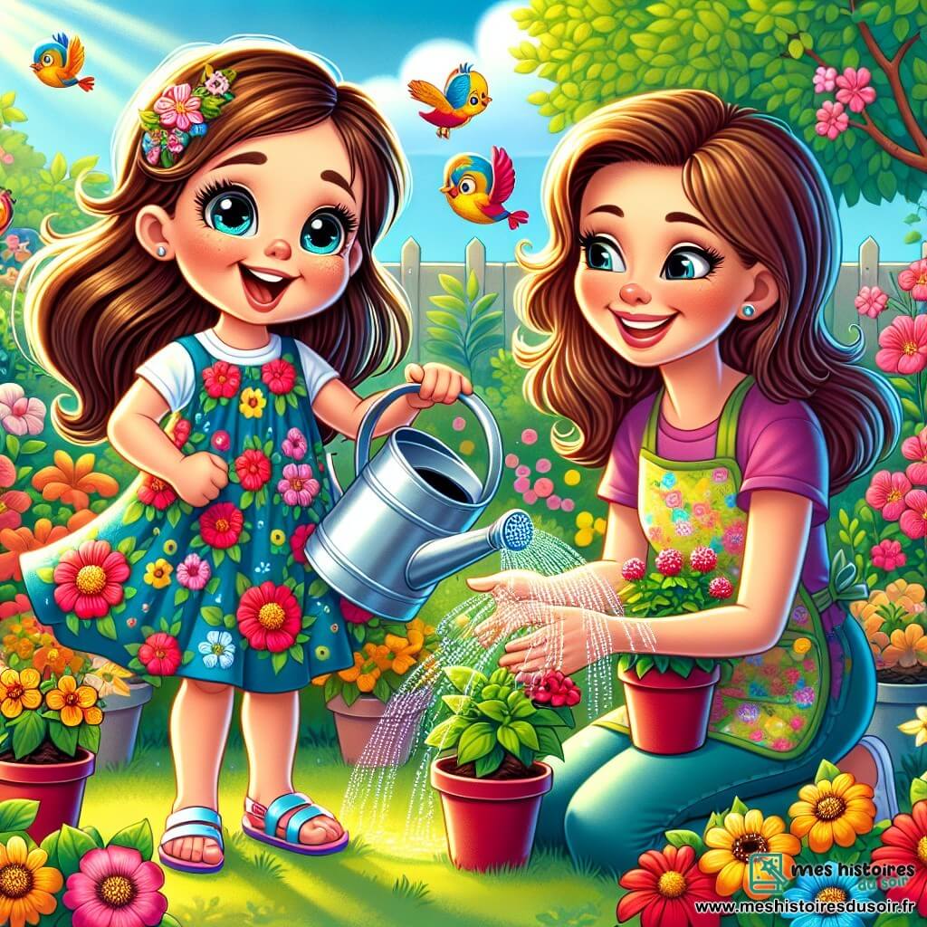 Une petite fille de 6 ans, Lila, sourit en arrosant des fleurs colorées dans un jardin ensoleillé. Elle porte une robe légère à fleurs et des sandales, exprimant joie et émerveillement. Sa maman, une femme d'environ 30 ans, plante des fleurs dans des pots à côté d'elle, regardant Lila avec fierté. Le jardin est rempli de fleurs éclatantes sous un ciel bleu clair, avec des oiseaux chantant et des abeilles bourdonnant. Lila et sa maman partagent un moment de bonheur printanier, entourées de la beauté de la nature.