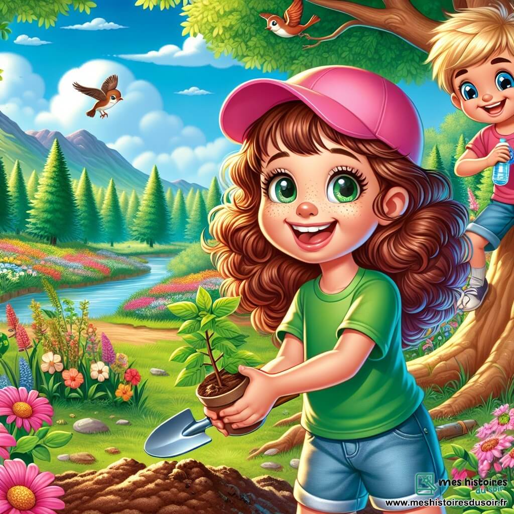 Une petite fille de 8 ans, Emma, sourit en tenant une pelle, portant une casquette rose, un t-shirt vert et un short en jean, tout en plantant un jeune arbre dans un sol fertile, entourée de fleurs colorées. Son meilleur ami Thomas, également âgé de 8 ans, l'encourage avec un sourire, tenant une bouteille d'eau. Ils se trouvent dans une réserve naturelle avec de grands arbres, des fleurs vives et un ruisseau. Emma et Thomas plantent un arbre, symbolisant leur engagement à protéger la nature, tout en ramassant des déchets pour embellir le parc.