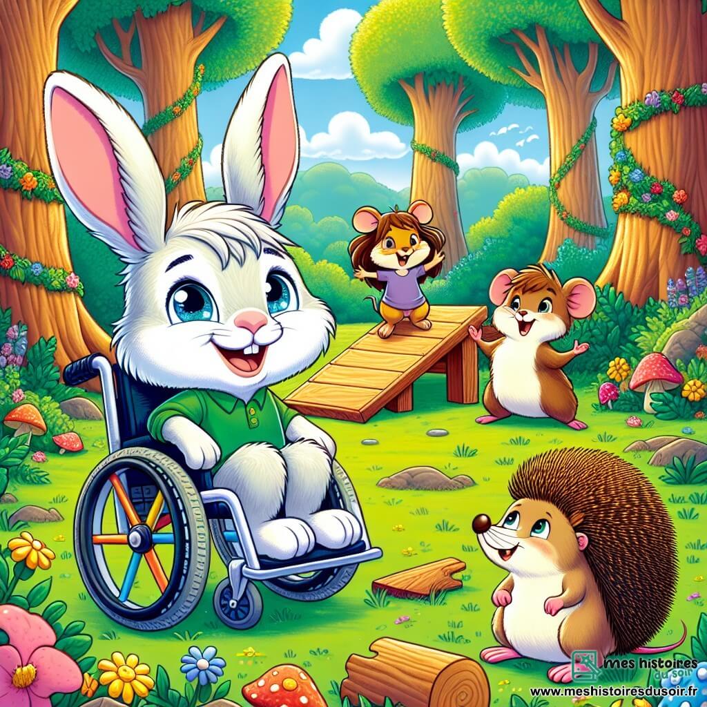 Colin, un jeune lapin aux longues oreilles blanches et tachetées de gris, est assis dans son fauteuil roulant, souriant à ses amis. Zoé, une petite souris brune aux grandes oreilles, est à ses côtés, sautillant d'excitation avec les bras levés. Léon, un hérisson aux piquants dorés, se tient en arrière avec une planche de bois, prêt à aider à construire une rampe. La scène se déroule dans une clairière enchantée, entourée d'arbres majestueux et de fleurs colorées. Colin et ses amis travaillent ensemble pour construire une rampe qui permettra à tous les animaux de la forêt d'accéder à la scène du spectacle, illustrant l'esprit d'entraide et d'inclusion.