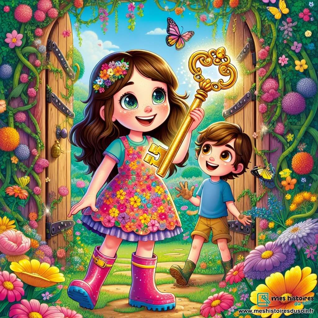Clémence, une fille de 10 ans, est au centre de l'image, avec de longs cheveux bruns et des yeux pétillants. Elle porte une robe à fleurs colorées et des bottes en caoutchouc, souriant largement en tenant une clé en or. À ses côtés, Lucas, son meilleur ami, a des cheveux châtains et porte un t-shirt bleu et un short. Il regarde Clémence avec émerveillement, les mains pleines de terre. Le décor est un jardin magique, rempli de fleurs éclatantes et de papillons colorés. Au fond, une vieille porte en bois ornée de lianes invite à l'aventure. Clémence et Lucas découvrent la clé magique, prêts à ouvrir la porte vers un monde enchanteur.