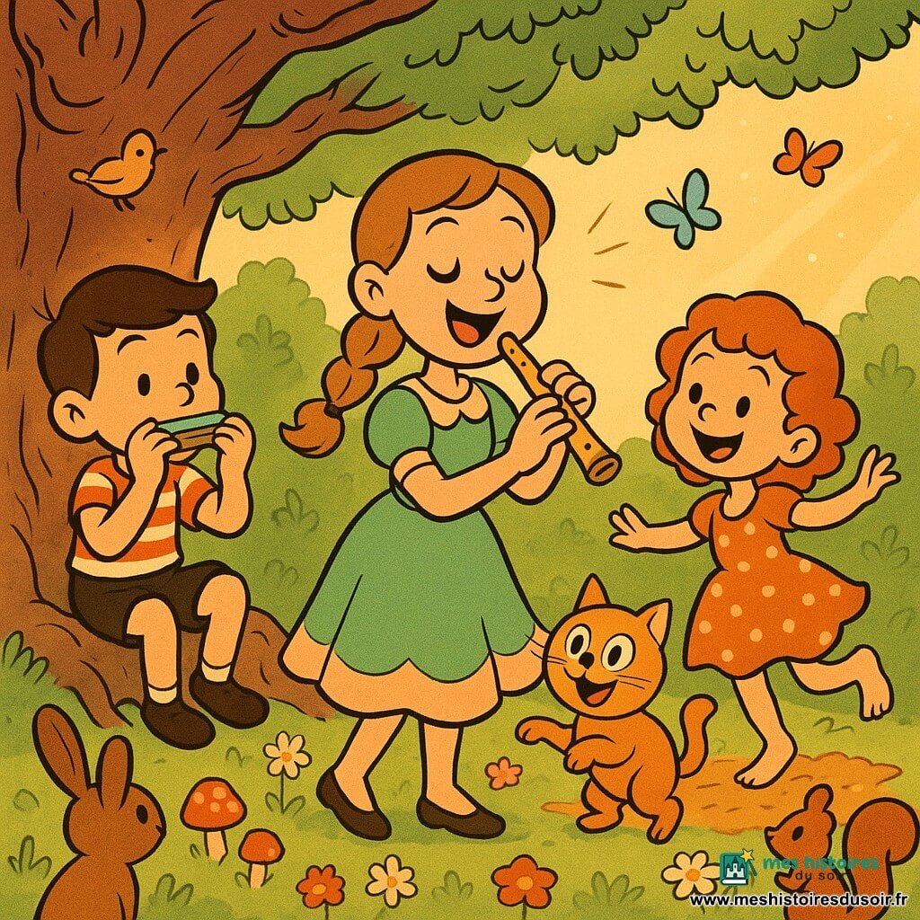 Mélodie, jeune femme au visage rond et souriant, cheveux châtain clair en tresse, robe légère vert-pêche, chante au centre d’un cercle de coussins en tenant une petite flûte en bois brillante; Léo, garçon d’environ 9 ans aux cheveux bruns courts et chemise rayée, joue de l’harmonica assis sur une racine à gauche; Clara, fille d’environ 8 ans aux cheveux bouclés roux et robe à pois, danse pieds nus sur un tapis de feuilles à droite; Biscuit, petit chat roux, bondit joyeusement près d’eux; scène sous un grand chêne noueux dans une clairière parsemée de fleurs, champignons et animaux (écureuils, lapins, oiseaux) formant un public, rayons de soleil filtrant entre les branches; ambiance chaleureuse et magique, couleurs pastel vives, style rétro « rubber hose » aux traits arrondis et contours noirs.