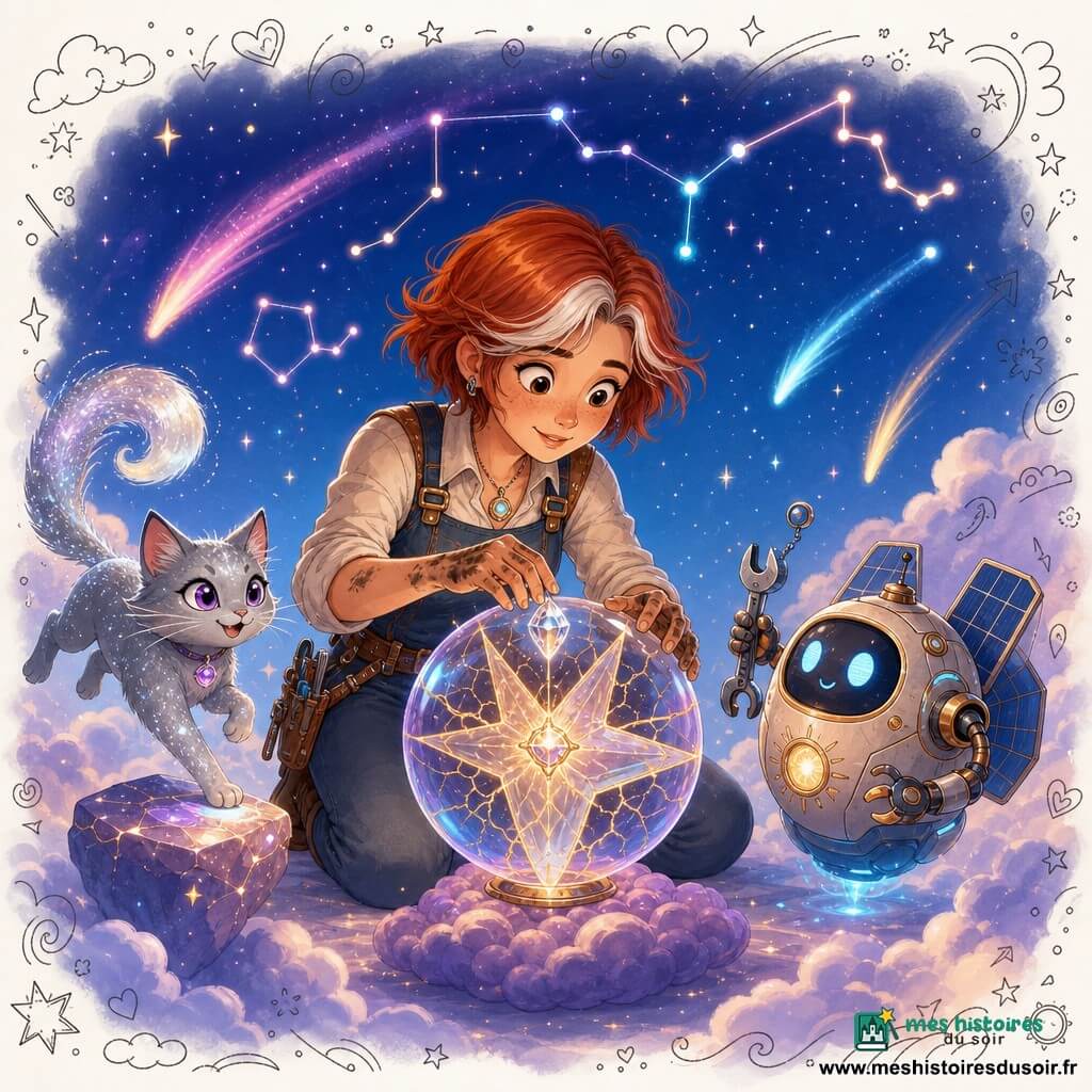 Mira, femme aux traits doux, cheveux courts cuivrés mêlés d'argent, agenouillée et souriante, pose un petit cristal éclatant au cœur d'une étoile ; ses mains délicates portent des taches de graisse de machine. À ses côtés, Luna, un chat magique argenté au pelage scintillant et aux yeux violets, bondit sur une pierre lumineuse en laissant une traînée de paillettes. À droite, Orion, petit robot solaire rond et amical avec panneaux solaires et yeux LED bleus, la regarde avec admiration, une clé à molette attachée à sa pince. L'étoile Élysia flotte au-dessus d'un socle de nuages violets, fissurée mais émettant des filaments de lumière dorée autour du cristal ; le tout se déroule dans un ciel nocturne parsemé de constellations en rubans colorés et de comètes. Ambiance space fantasy lumineuse et chaleureuse aux couleurs pastel saturées (bleus profonds, violets, or rose), textures de verre et de métal poli, petites lucioles et dessins d'astres blancs, composition centrée sur le geste de Mira.