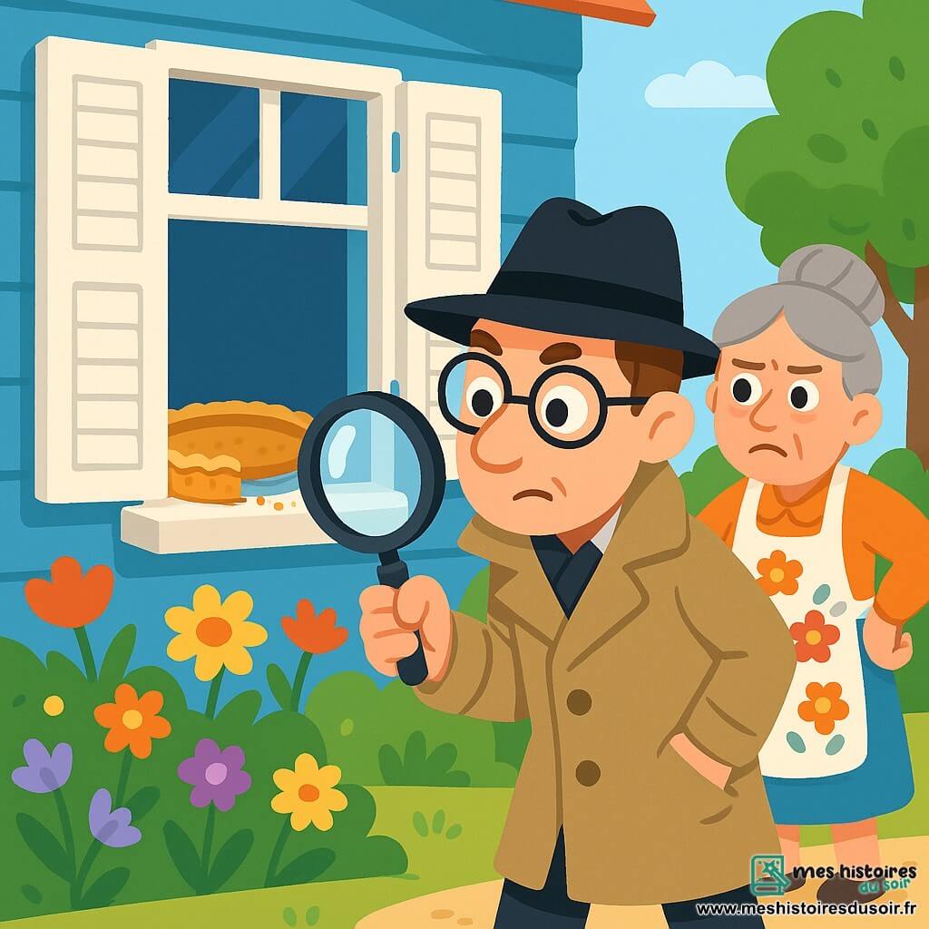 Un homme, le détective Gaston, porte un grand chapeau noir et un long manteau beige. Son visage est concentré et curieux, avec des yeux pétillants derrière ses lunettes. Il tient une loupe et examine une fenêtre. À côté de lui, Madame Poireau, une femme d’environ 50 ans avec des cheveux gris en chignon et un tablier fleuri, le regarde avec inquiétude, les mains sur les hanches. La scène se déroule devant une maison bleue avec des volets blancs, entourée d’un jardin coloré. Sur le rebord de la fenêtre, une tarte aux pommes vide laisse des miettes. Gaston scrute le jardin, cherchant des indices pour résoudre le mystère du vol de la tarte.