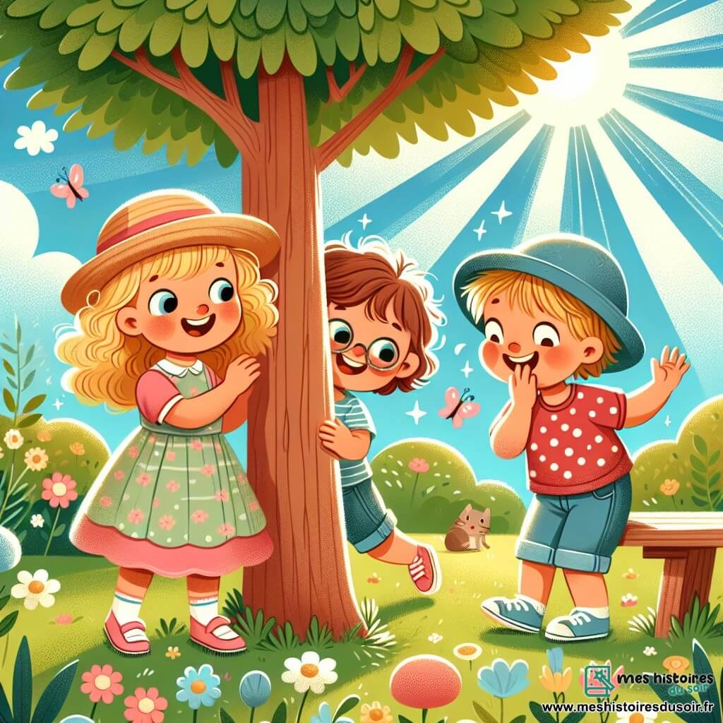 Trois amis s'amusent dans un jardin ensoleillé. Léa, 7 ans, avec des boucles dorées et une robe rose, compte près d'un grand arbre. Tom, 8 ans, portant un chapeau bleu trop grand, se cache derrière le tronc avec un sourire malicieux. Mia, 7 ans, en t-shirt à pois rouges et shorts en jean, se cache sous un banc en bois en riant doucement. Le jardin est rempli de fleurs colorées, de papillons et d'un ciel bleu éclatant. Léa cherche ses amis en comptant, tandis que Tom essaie de ne pas rire et que Mia se retient de faire du bruit. L'atmosphère est joyeuse, illustrant le plaisir de l'amitié.