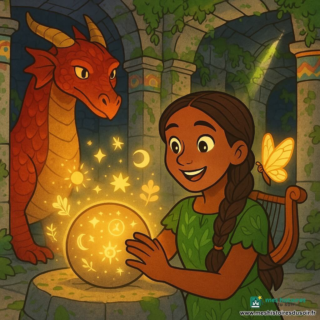 Alina, souriante et émerveillée, touche une grosse pierre ronde qui brille d'une lumière dorée; ses cheveux bruns tressés, sa robe verte à motifs de feuilles et la petite harpe accrochée dans son dos suggèrent son caractère, tandis qu'un papillon aux ailes d'or repose sur son épaule; un grand dragon rouge et or, calme et protecteur, garde l'entrée d'un vieux temple de pierre couvert de mousse et de lierre, aux fresques colorées et colonnes usées, la salle centrale étant éclairée par la pierre magique qui projette des images argentées et dorées, créant une ambiance chaleureuse, héroïque et mystérieuse.